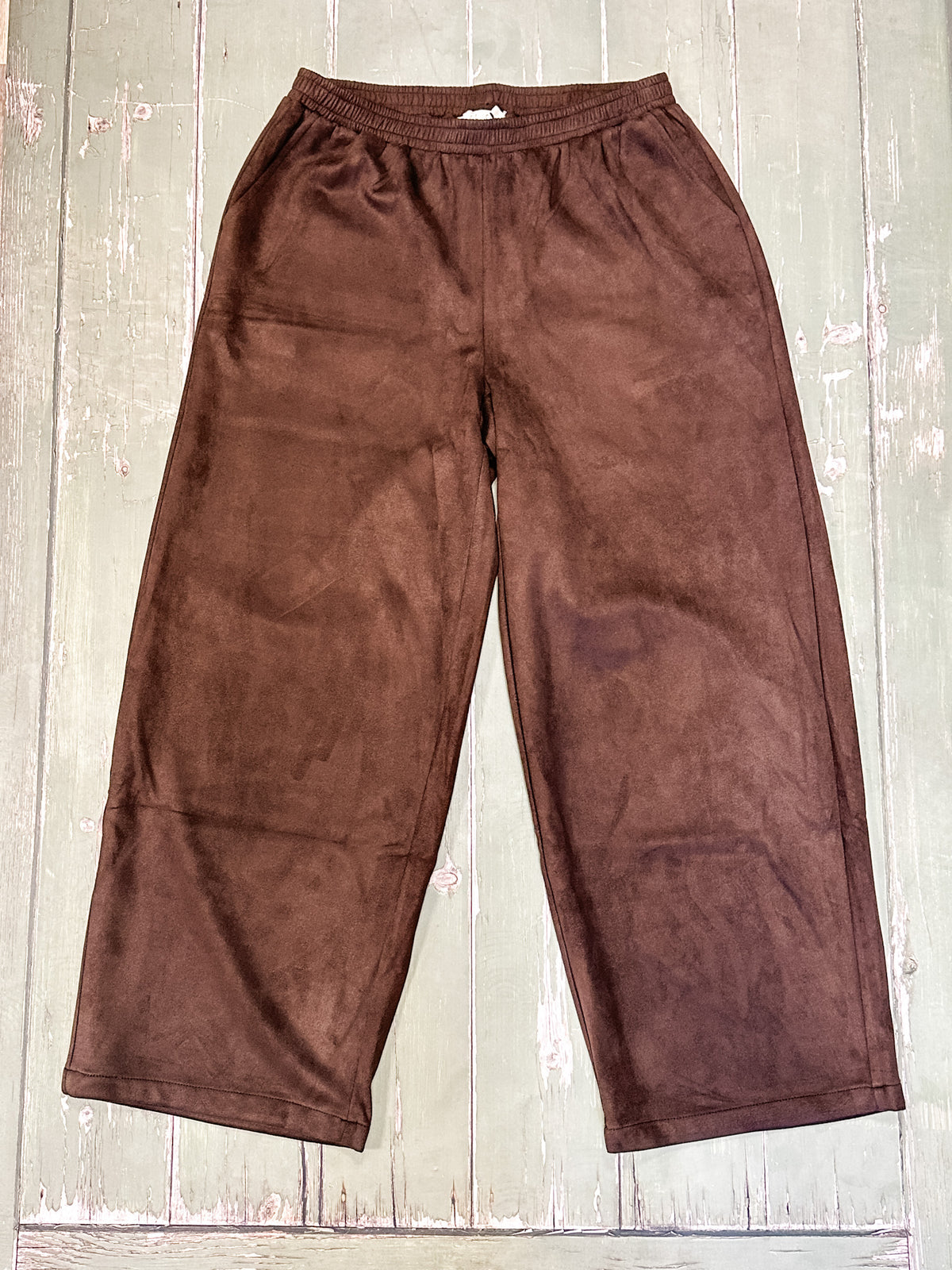 chocolate brown suede pants with comfortable stretchy elastic waistband for sale at the rustic barn in killingworth, CT