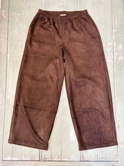chocolate brown suede pants with comfortable stretchy elastic waistband for sale at the rustic barn in killingworth, CT