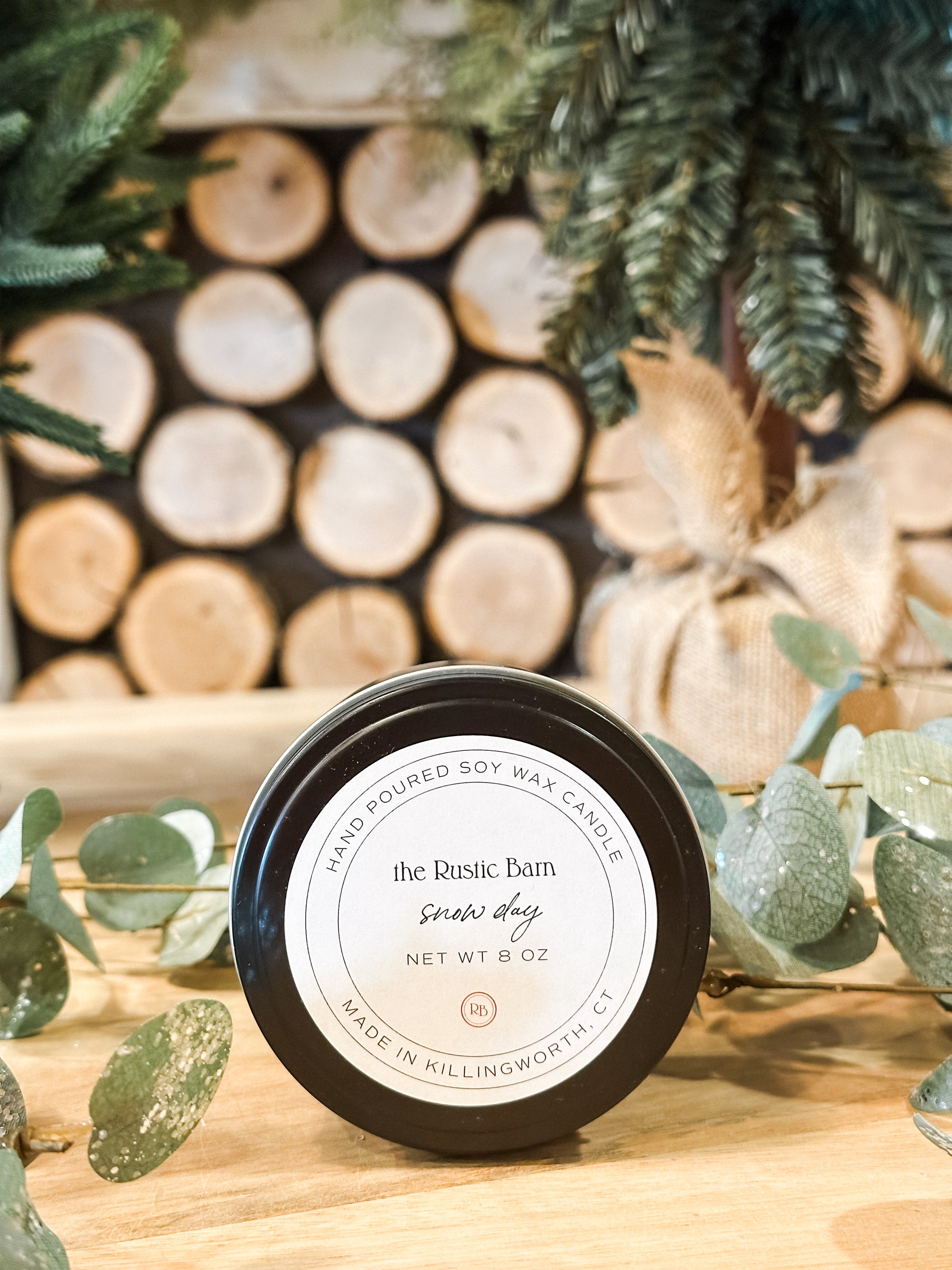 chocolate, peppermint, and vanilla hand-poured soy candle in 8 oz tin at The Rustic Barn in Killingworth CT