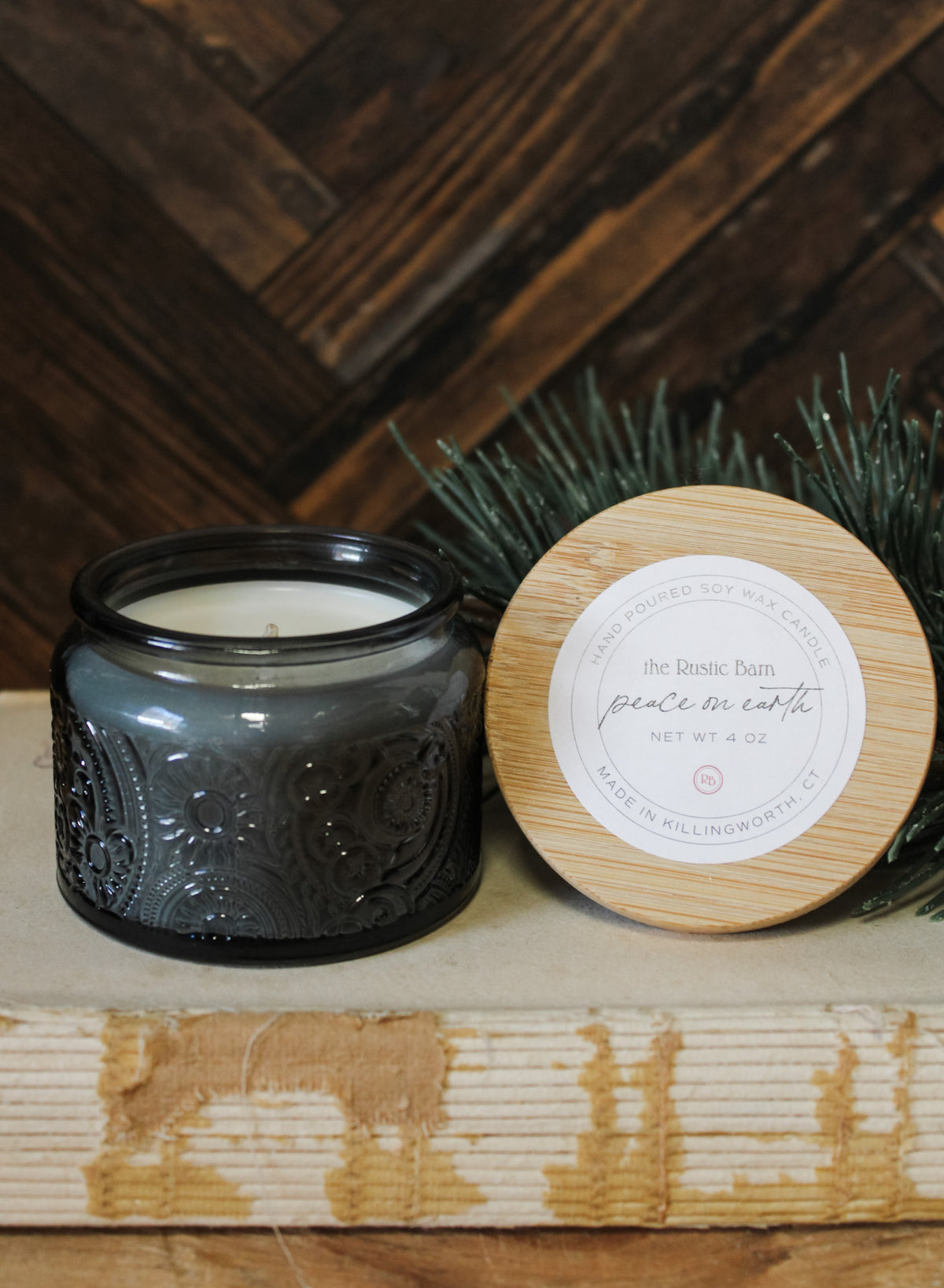 pine, eucalyptus, citrus and wood hand-poured soy 4 ounce candle at The Rustic Barn in Killingworth CT