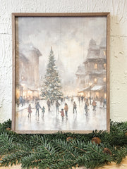 christmas wooden framed print ice skating scene at the rustic barn in killingworth ct
