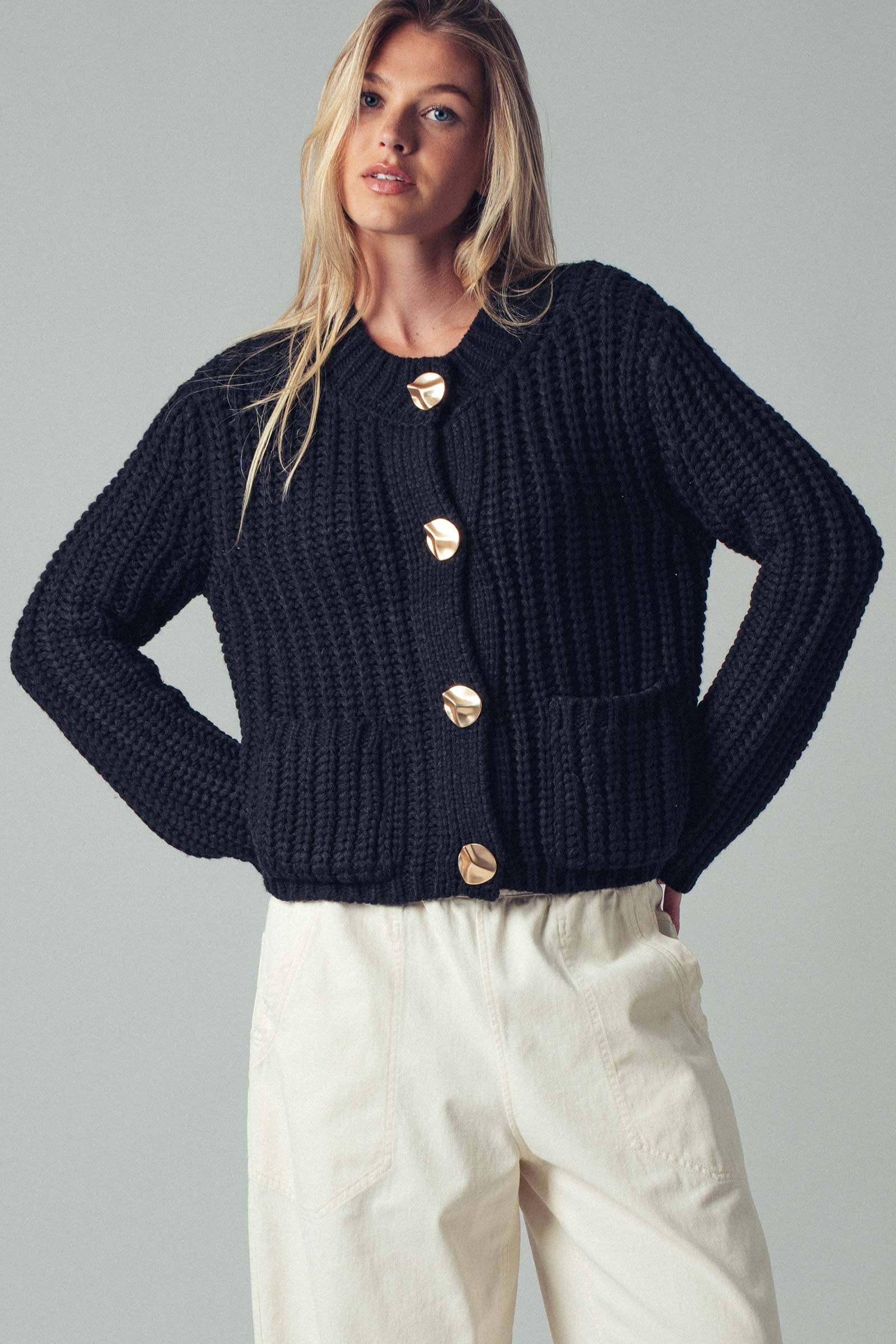 chunky black cardigan with gold buttons at the rustic barn in Killingworth ct