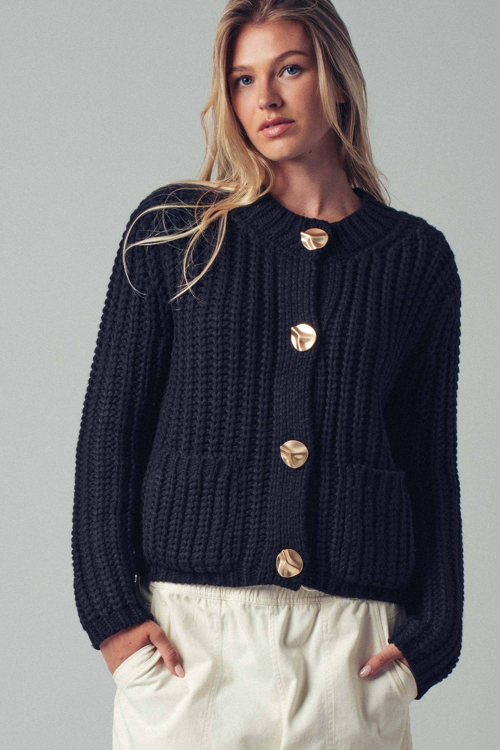 chunky black cardigan with gold buttons at the rustic barn in Killingworth ct