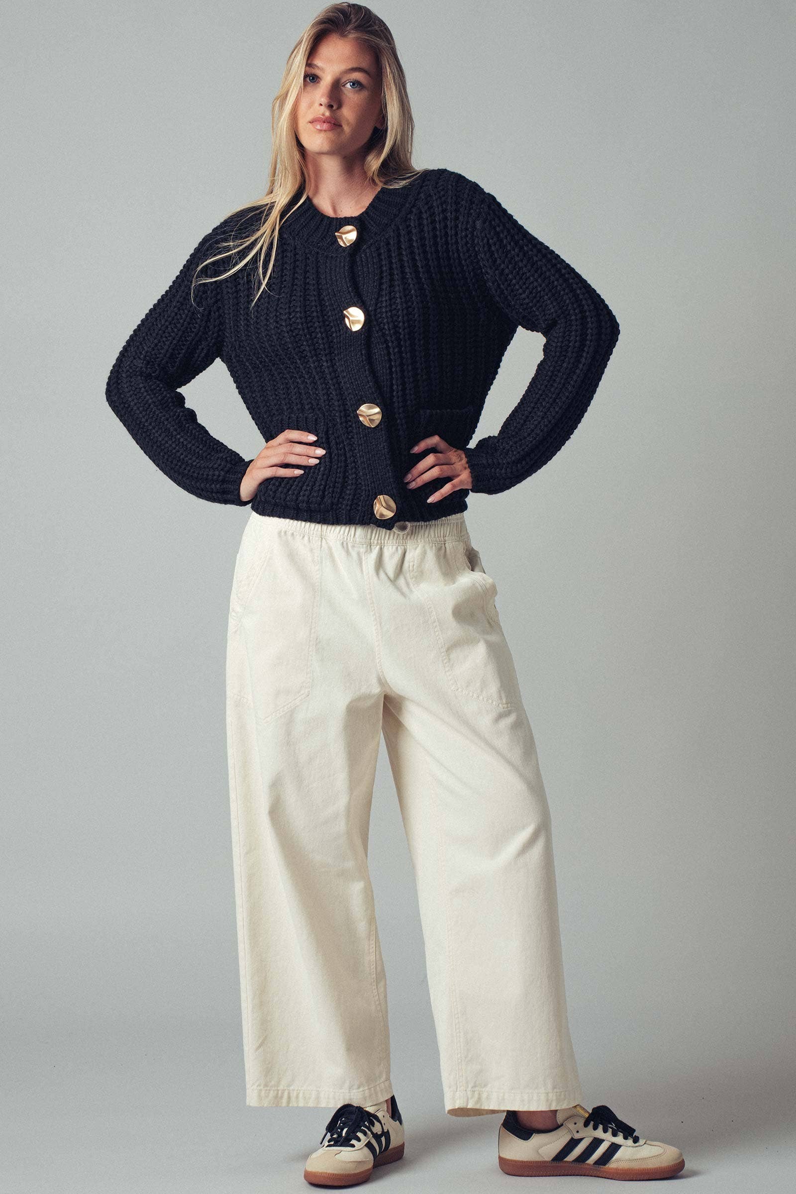 chunky black cardigan with gold buttons at the rustic barn in Killingworth ct
