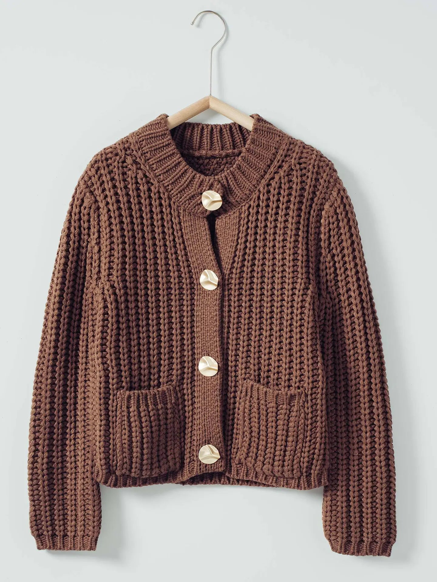 chunky chocolate brown cardigan with gold buttons at the rustic barn in Killingworth ct