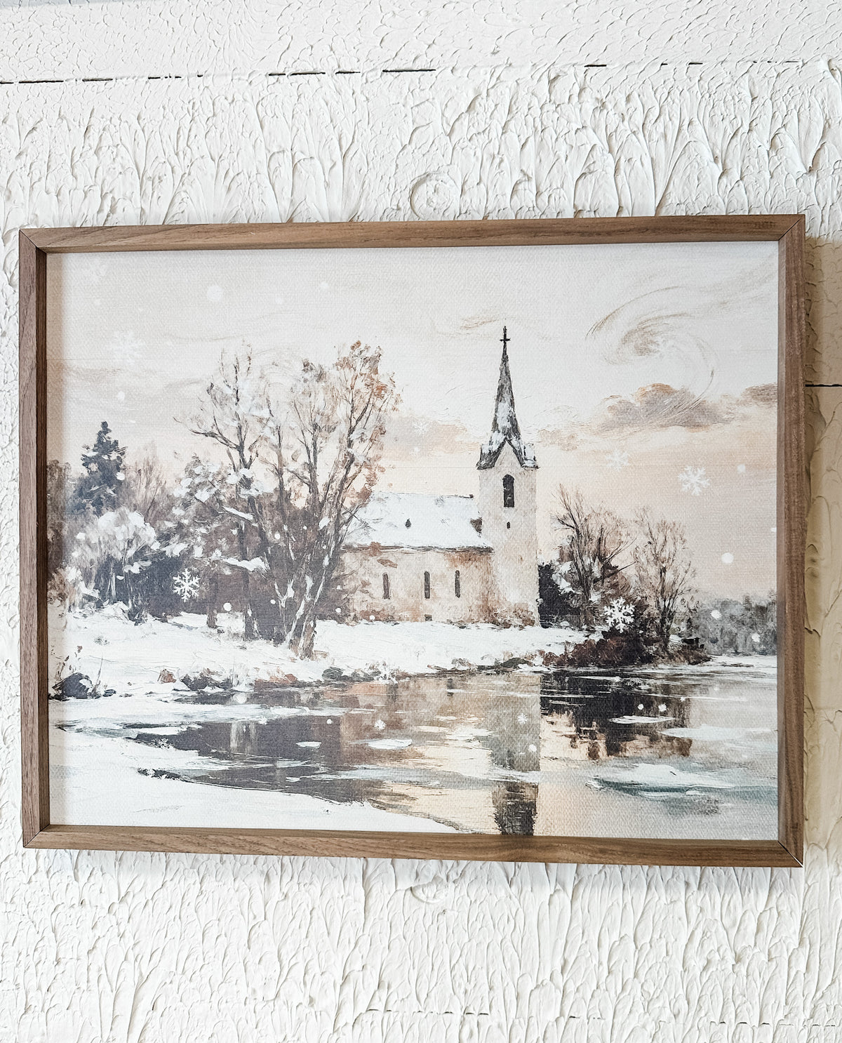 church in the snow framed wall art for christmas for sale at the rustic barn in Killingworth, CT
