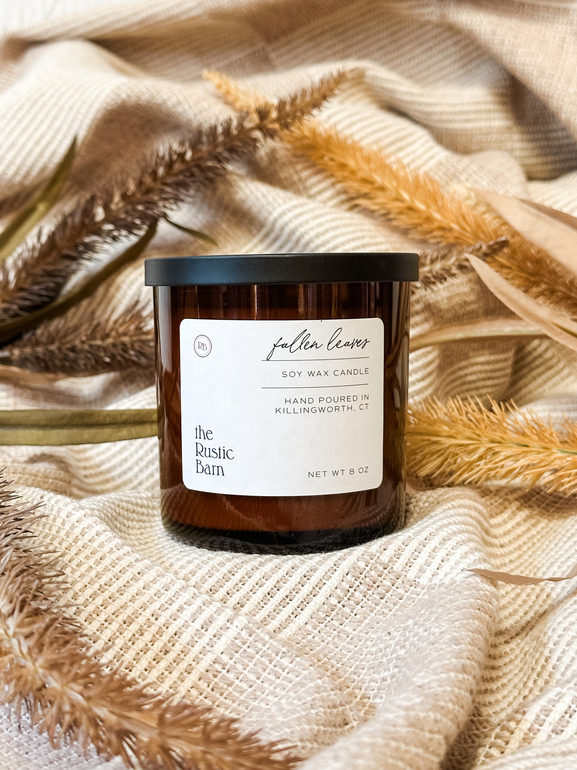 cinnamon apple and cedar hand-poured fall soy candles in 8 ounce amber tumbler  at The Rustic Barn in Killingworth CT
