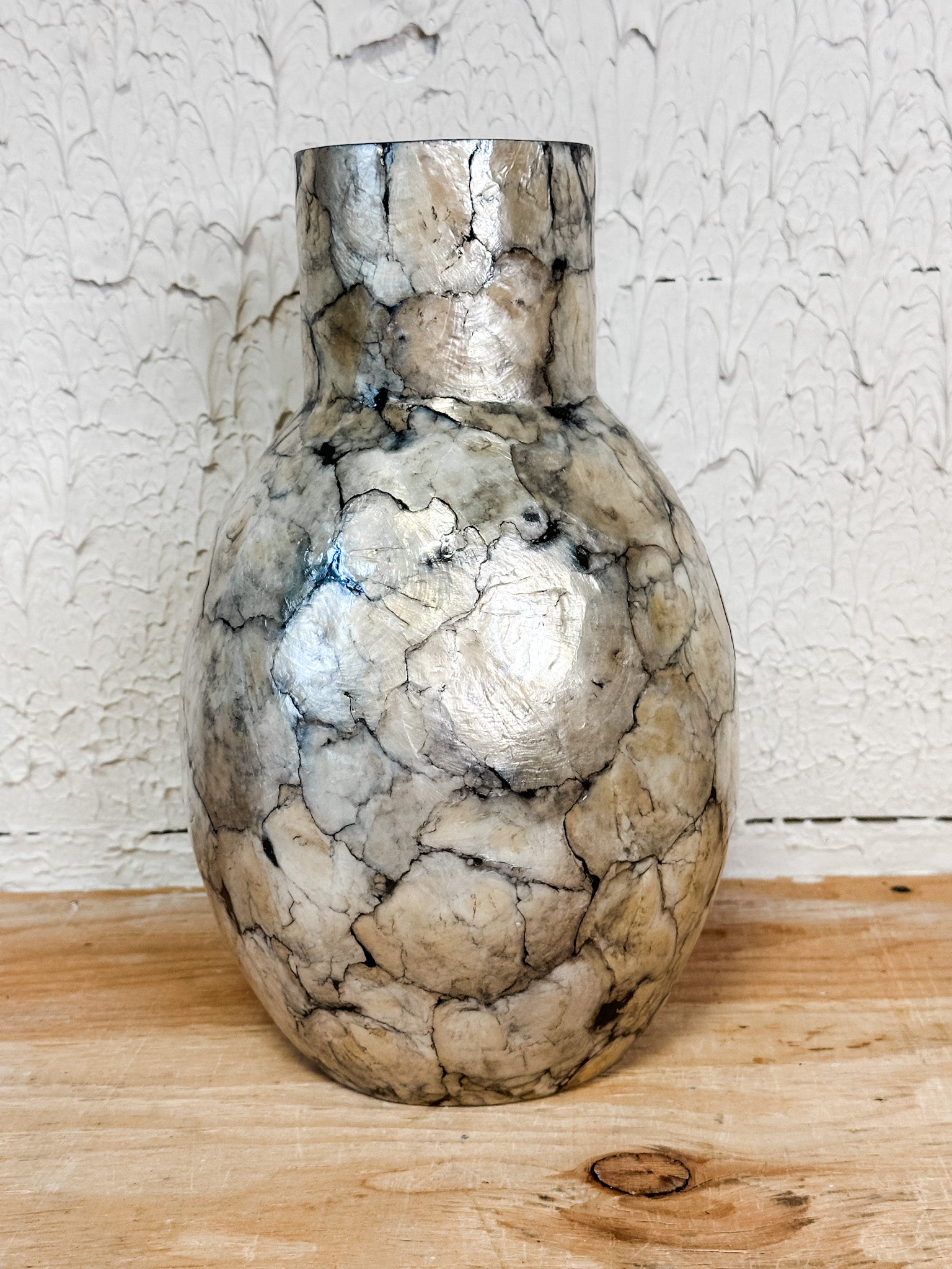 coastal artisan spun bamboo and capiz shell vase at the rustic barn in killingworth ct