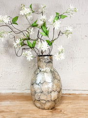 coastal artisan spun bamboo and capiz shell vase at the rustic barn in killingworth ct