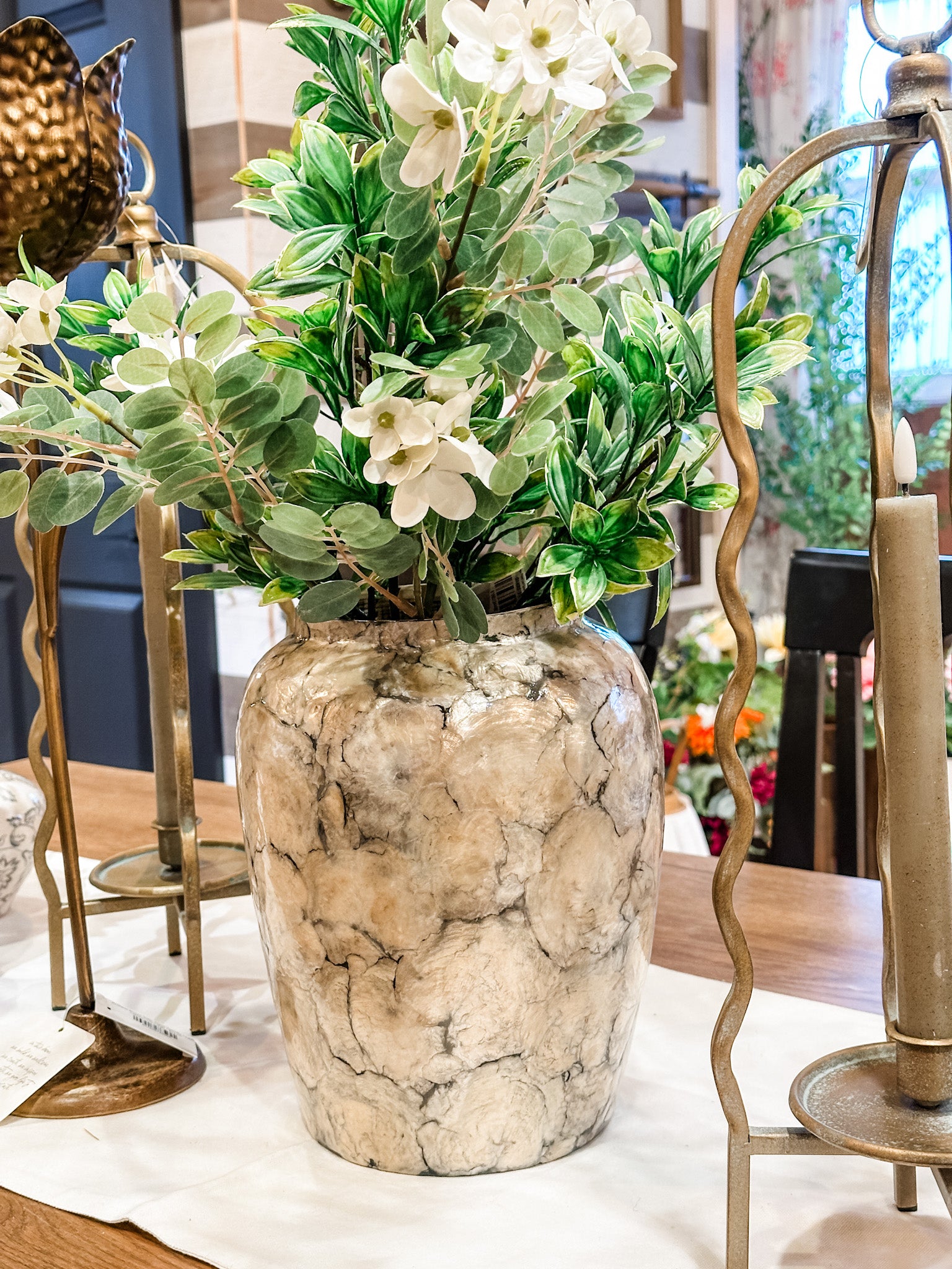 spun bamboo and iridescent wide mouth vase at the rustic barn in killingworth ct