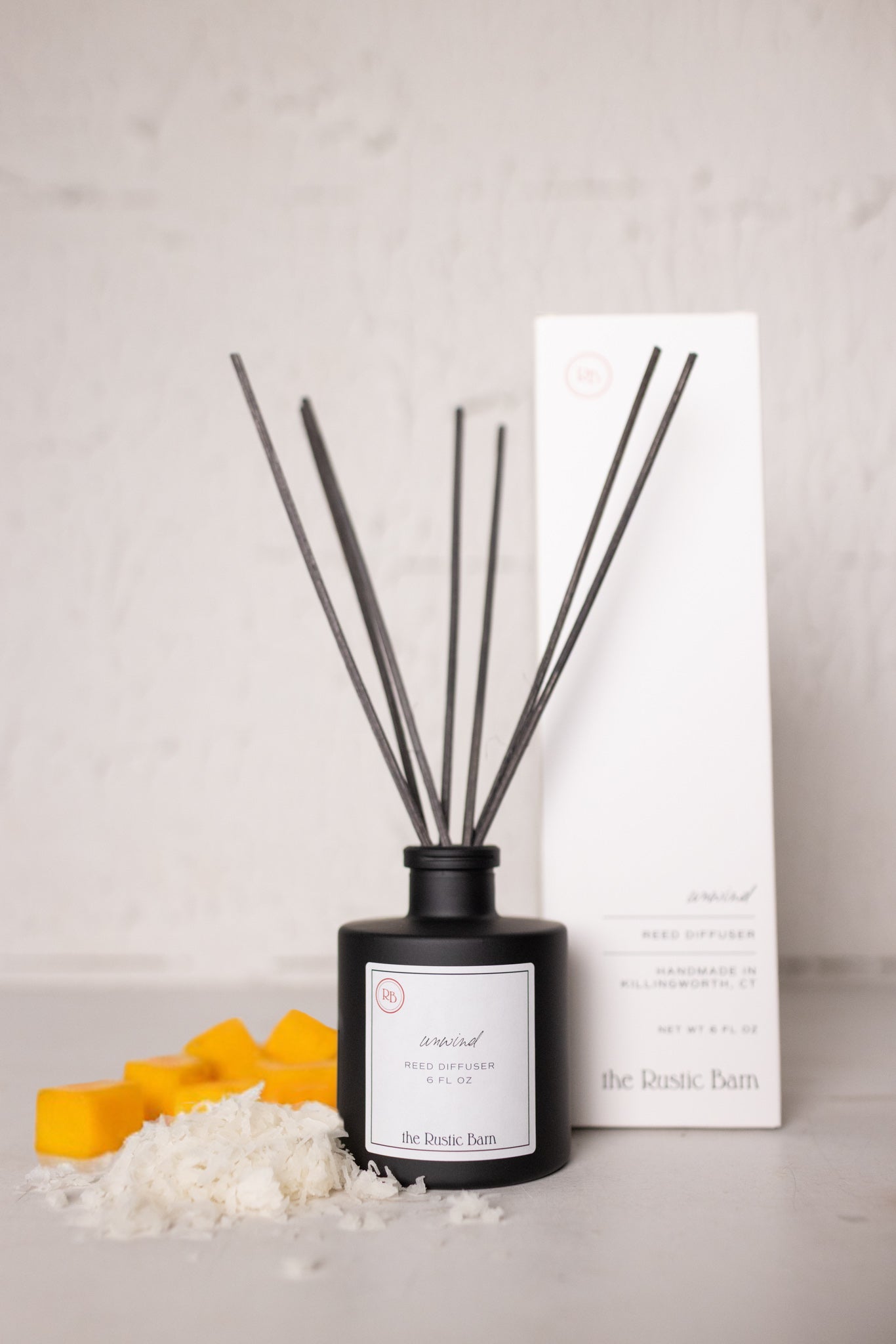coconut and mango hand poured reed diffuser at the rustic barn in Killingworth ct