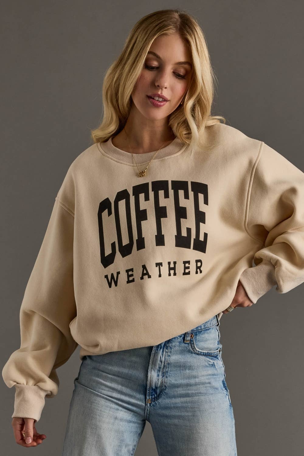 coffee weather tan graphic sweatshirt at the rustic barn in killingworth ct