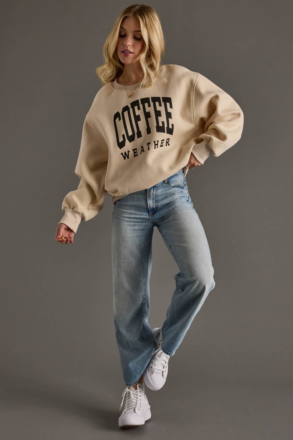 coffee weather tan graphic sweatshirt at the rustic barn in killingworth ct