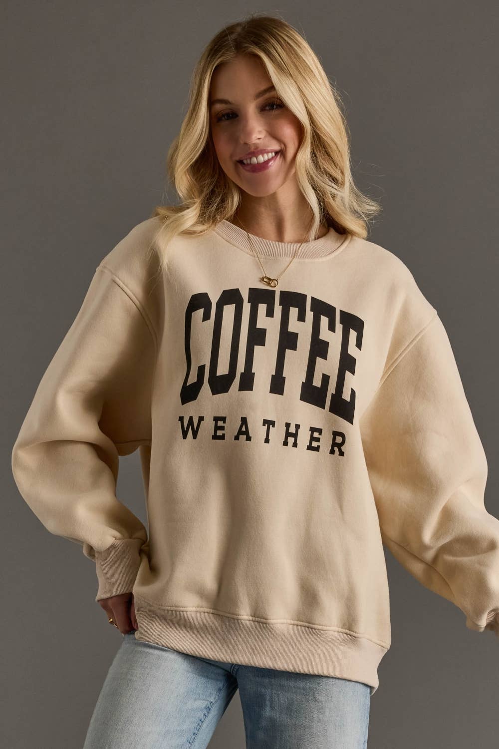 coffee weather tan graphic sweatshirt at the rustic barn in killingworth ct