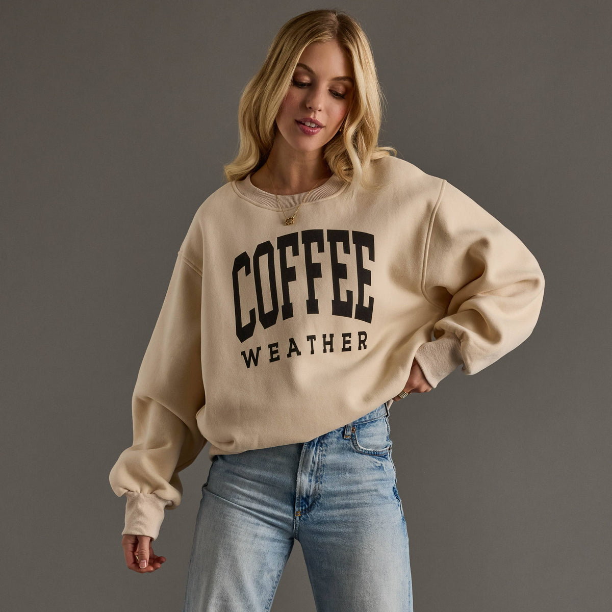 coffee weather tan graphic sweatshirt at the rustic barn in killingworth ct