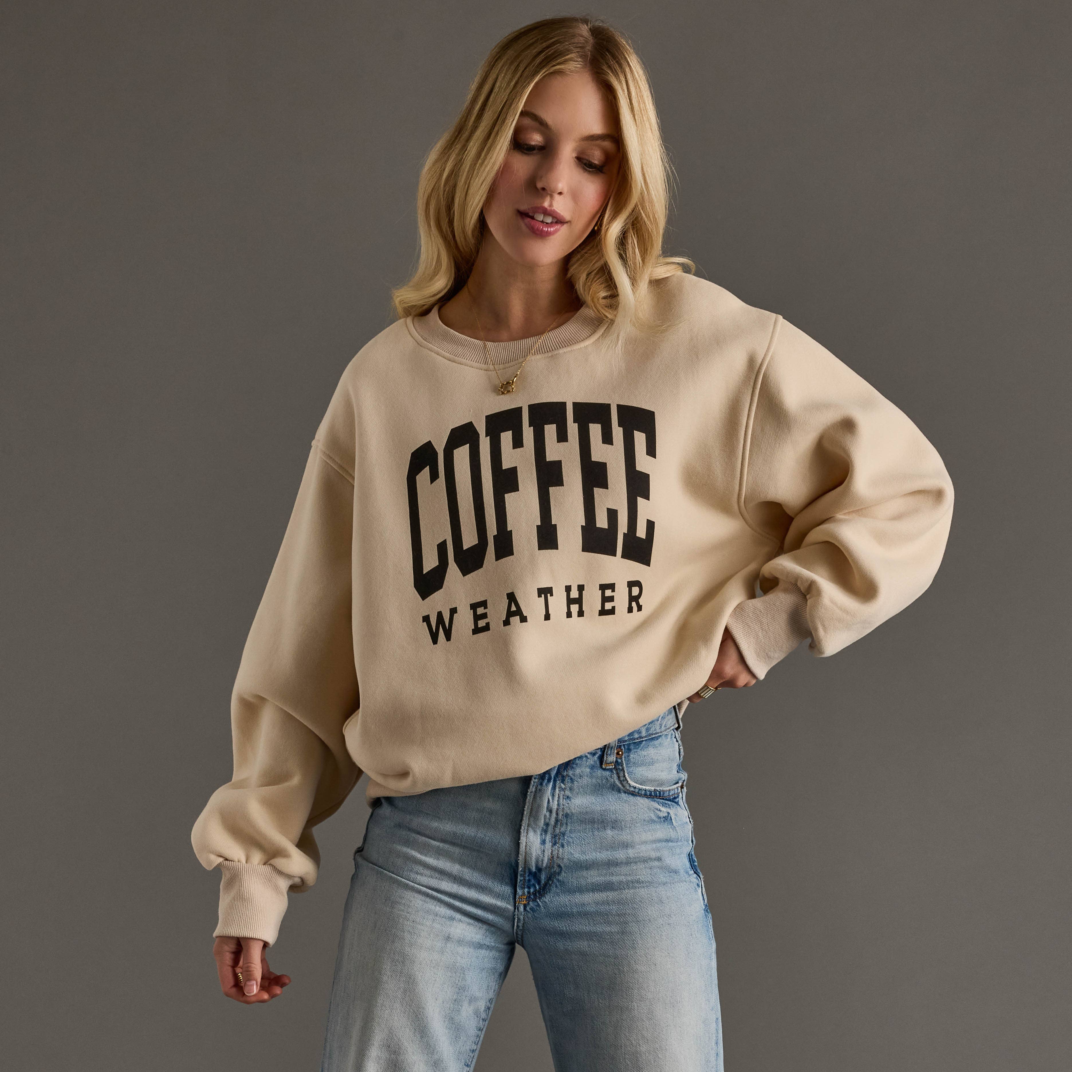 coffee weather tan graphic sweatshirt at the rustic barn in killingworth ct
