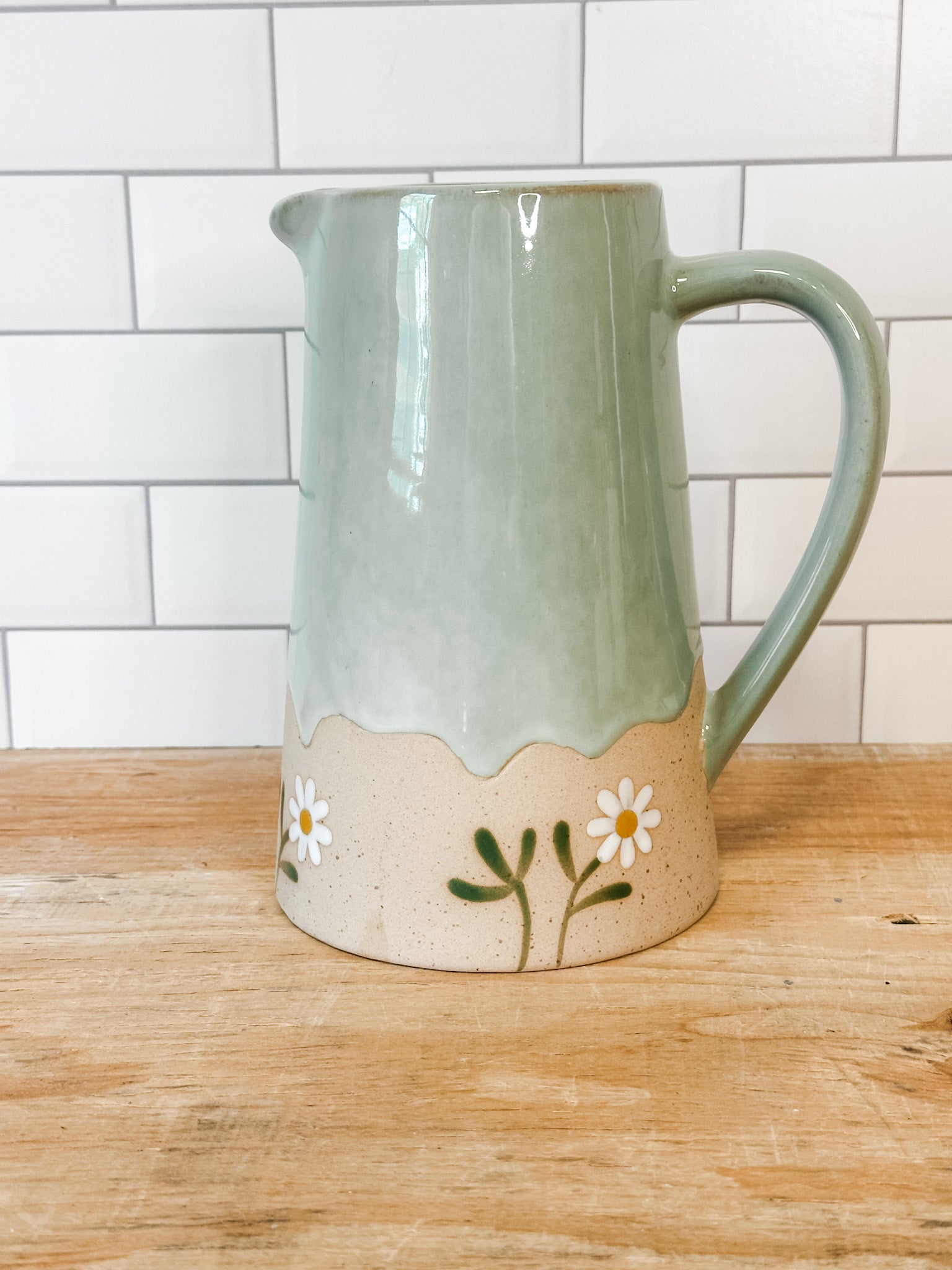 cottage bloom green and tan daisy pitcher at the rustic barn in killingworth ct