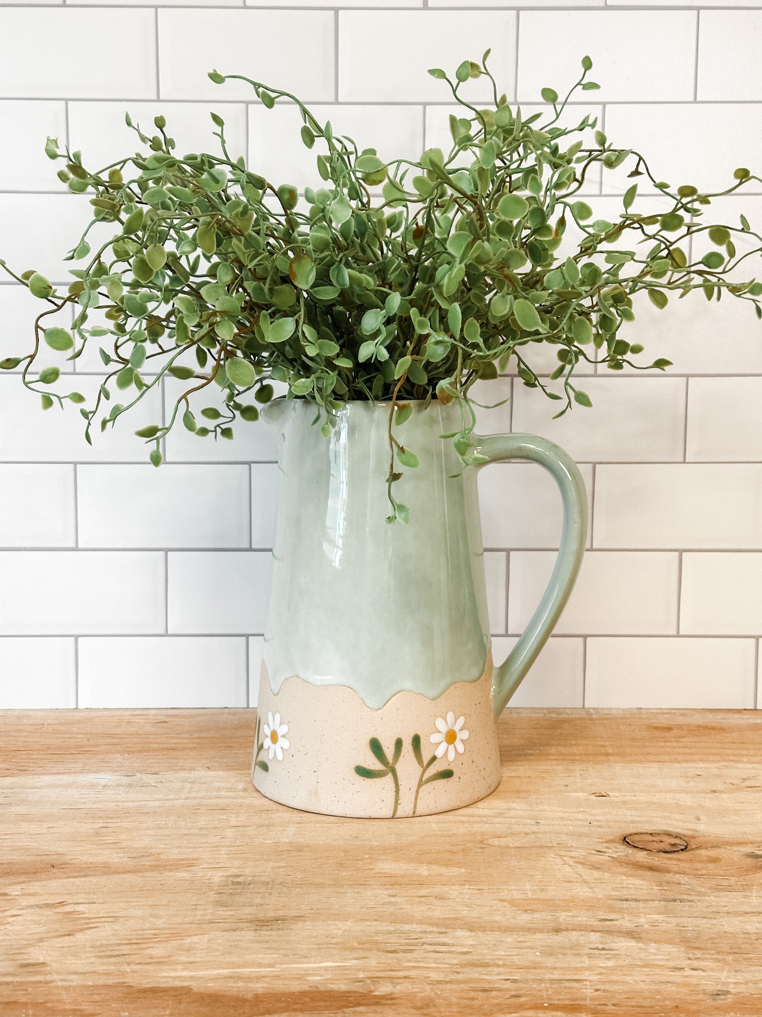 cottage bloom green and tan daisy pitcher at the rustic barn in killingworth ct