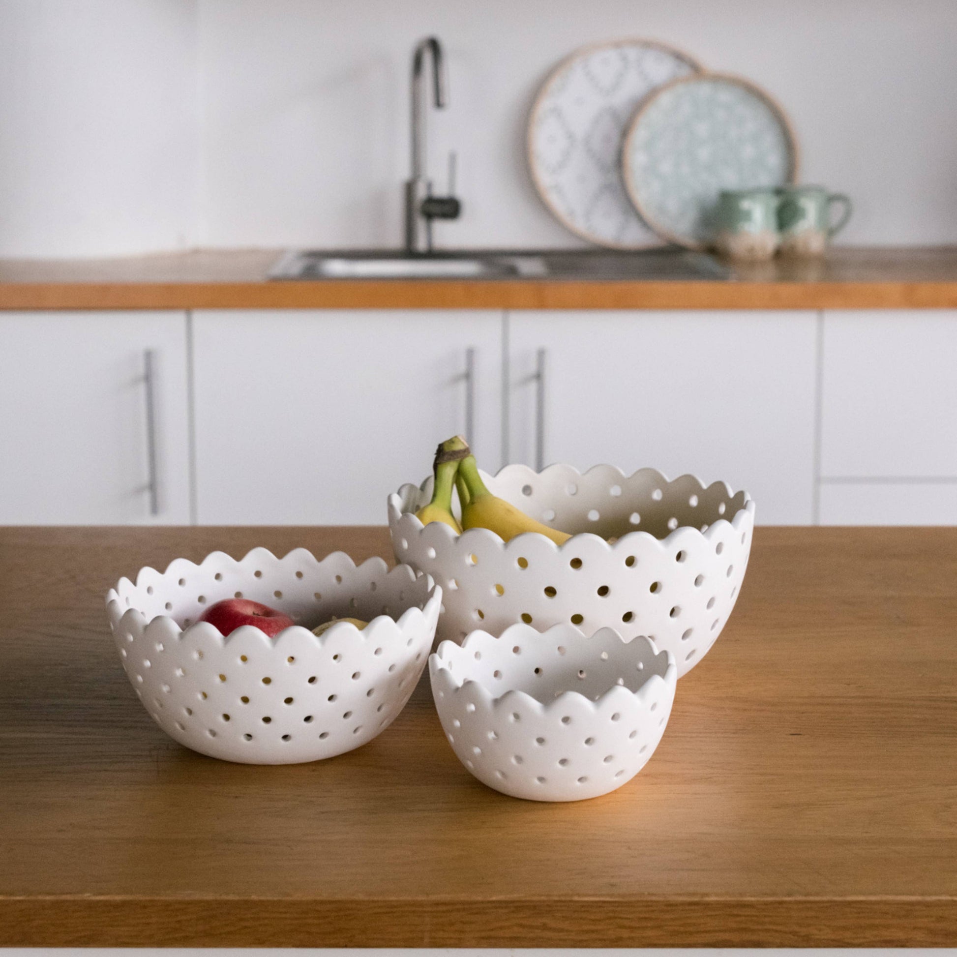 cottage bloom scalloped ceramic fruit bowls at the rustic barn in Killingworth ct