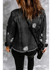 black distressed long sleeve denim jacket at the rustic barn in Killingworth ct
