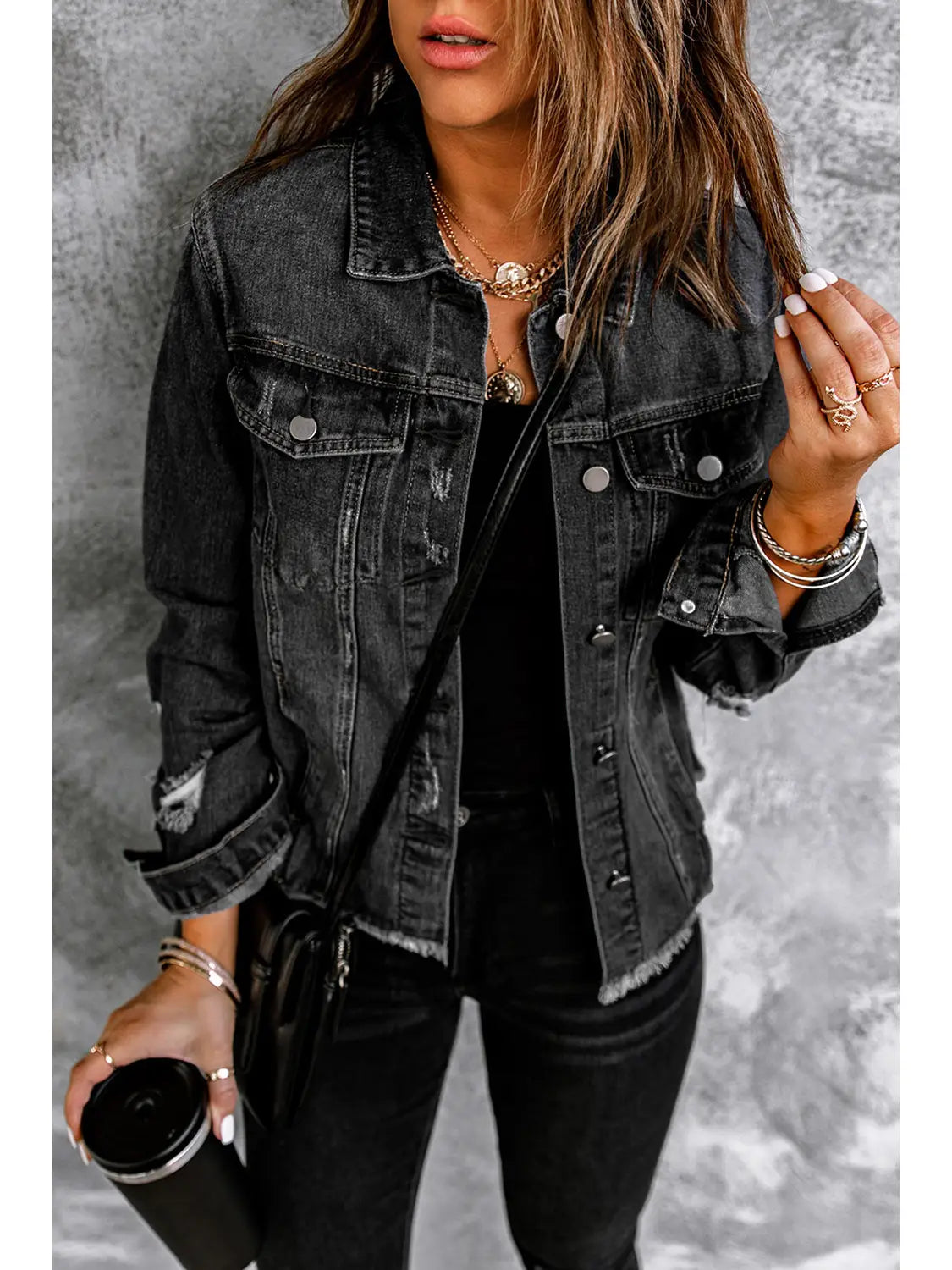 black distressed long sleeve denim jacket at the rustic barn in Killingworth ct
