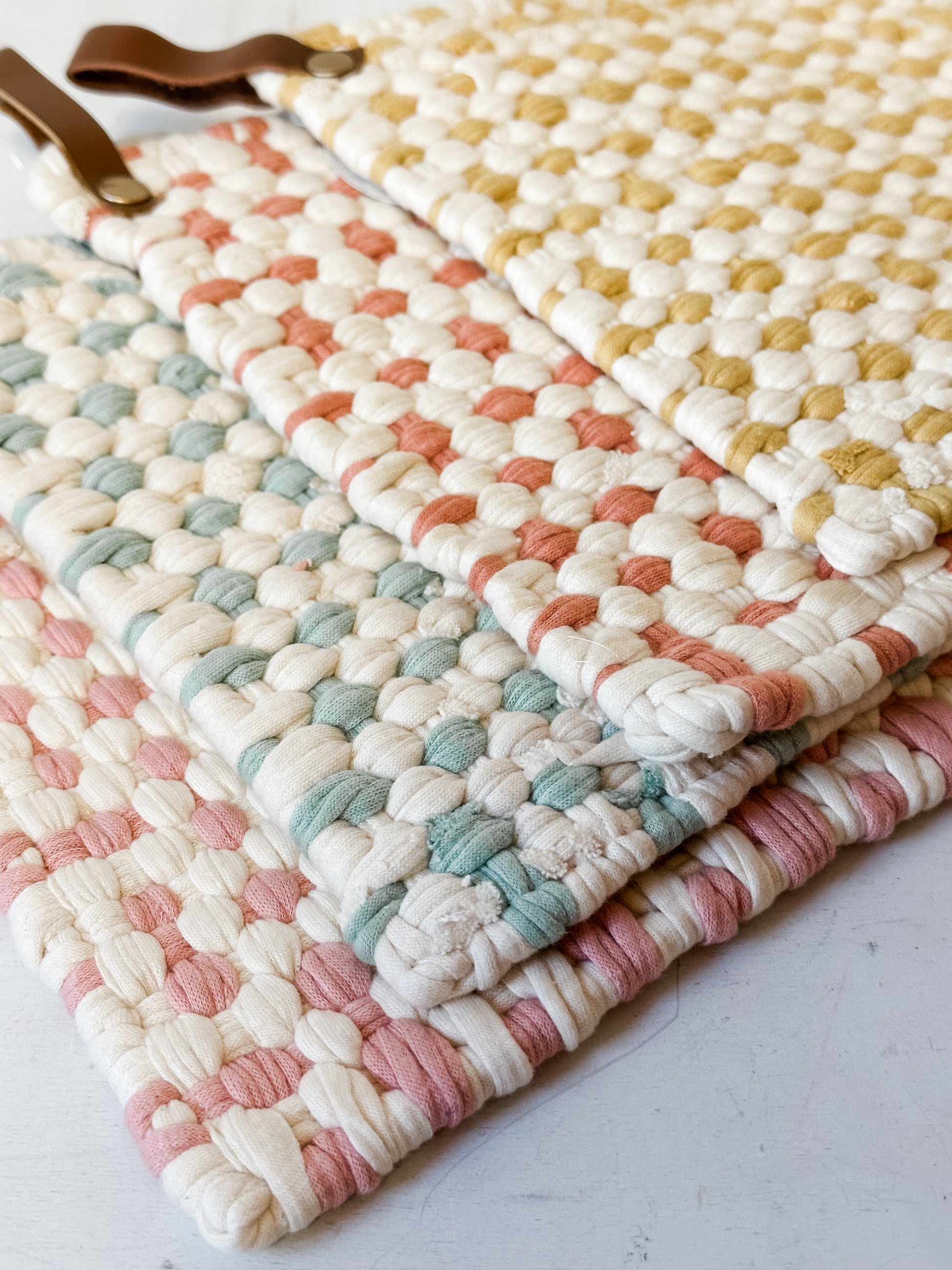 cotton crocheted pot holders with leather strap at the Rustic Barn in Killingworth CT