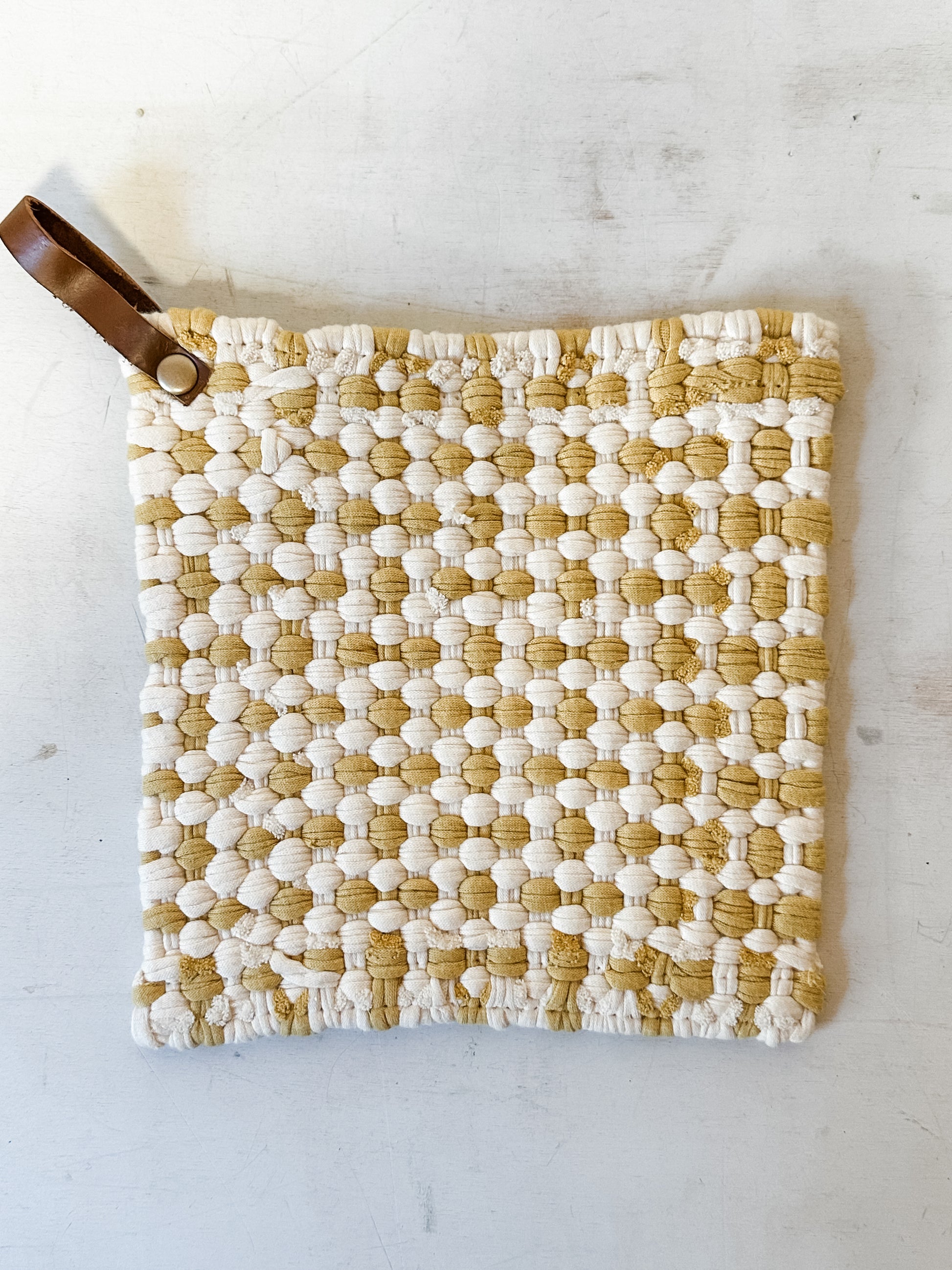 cotton crocheted pot holders with leather strap at the Rustic Barn in Killingworth CT