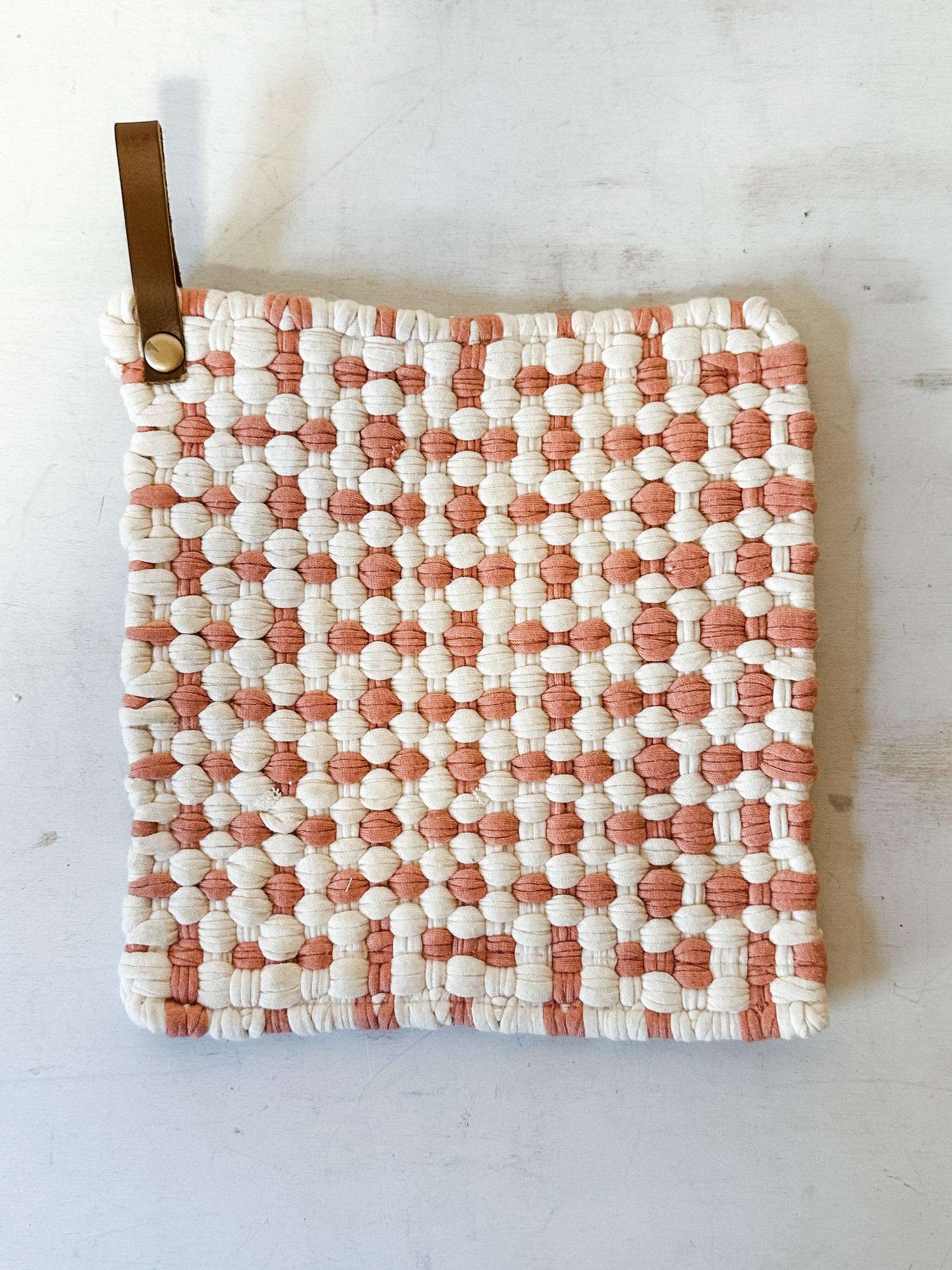 cotton crocheted pot holders with leather strap at the Rustic Barn in Killingworth CT