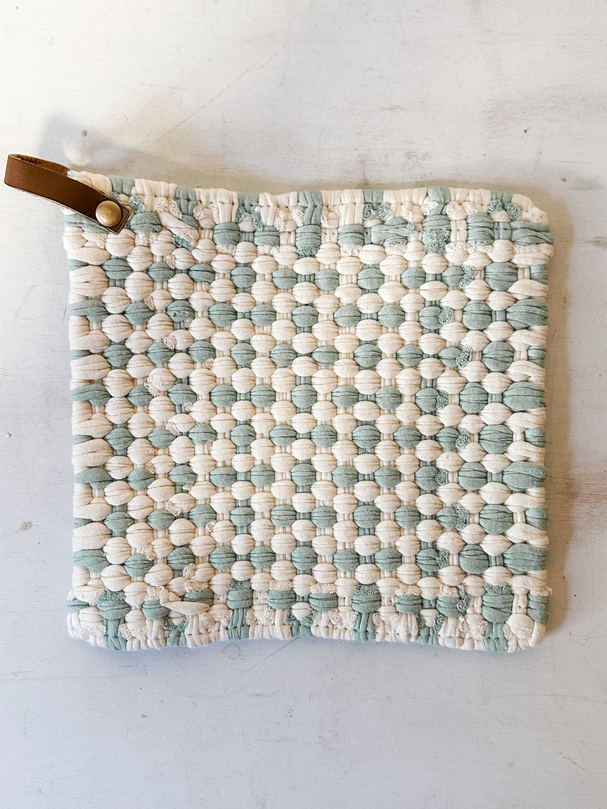 cotton crocheted pot holders with leather strap at the Rustic Barn in Killingworth CT