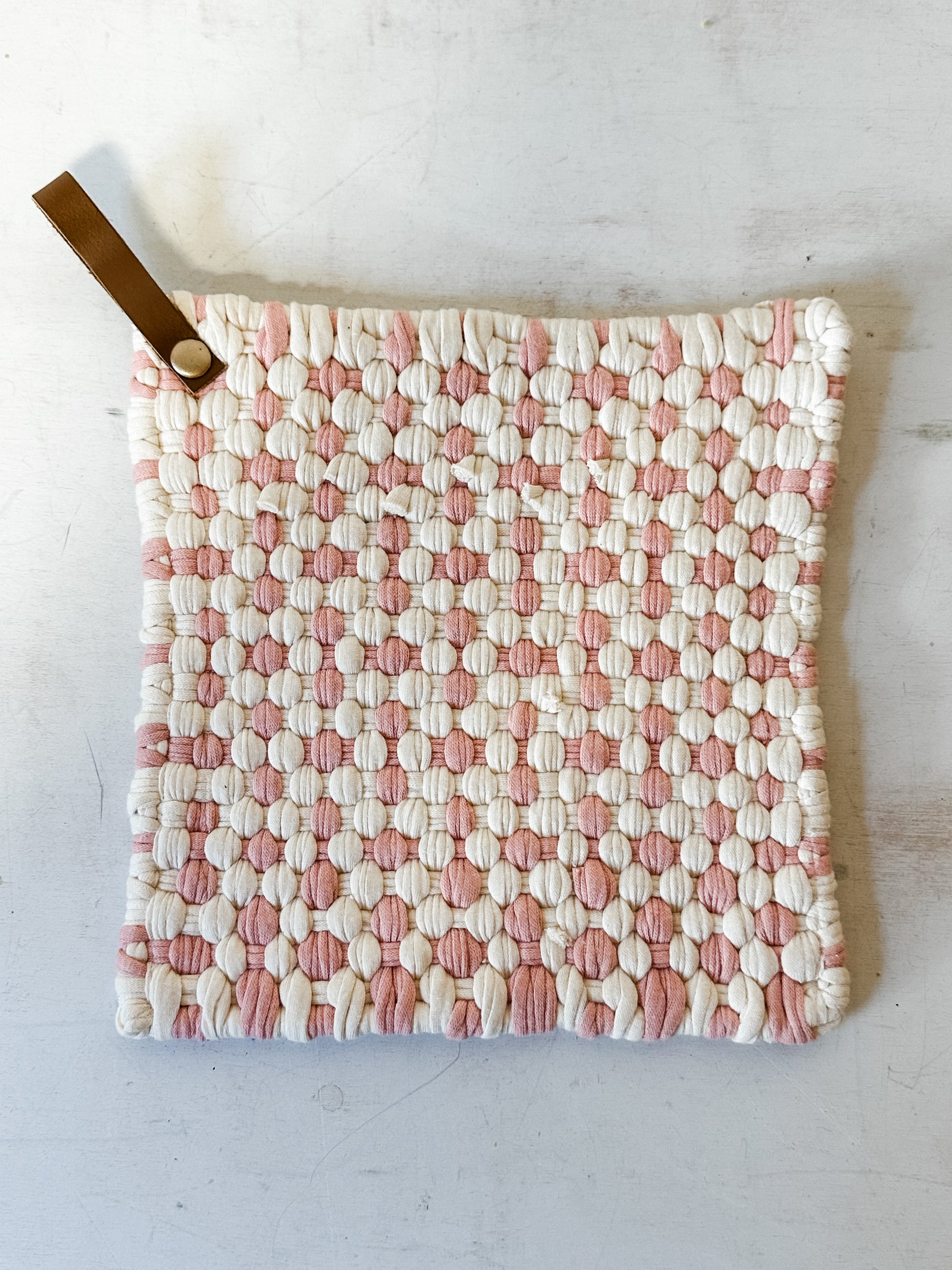 cotton crocheted pot holders with leather strap at the Rustic Barn in Killingworth CT