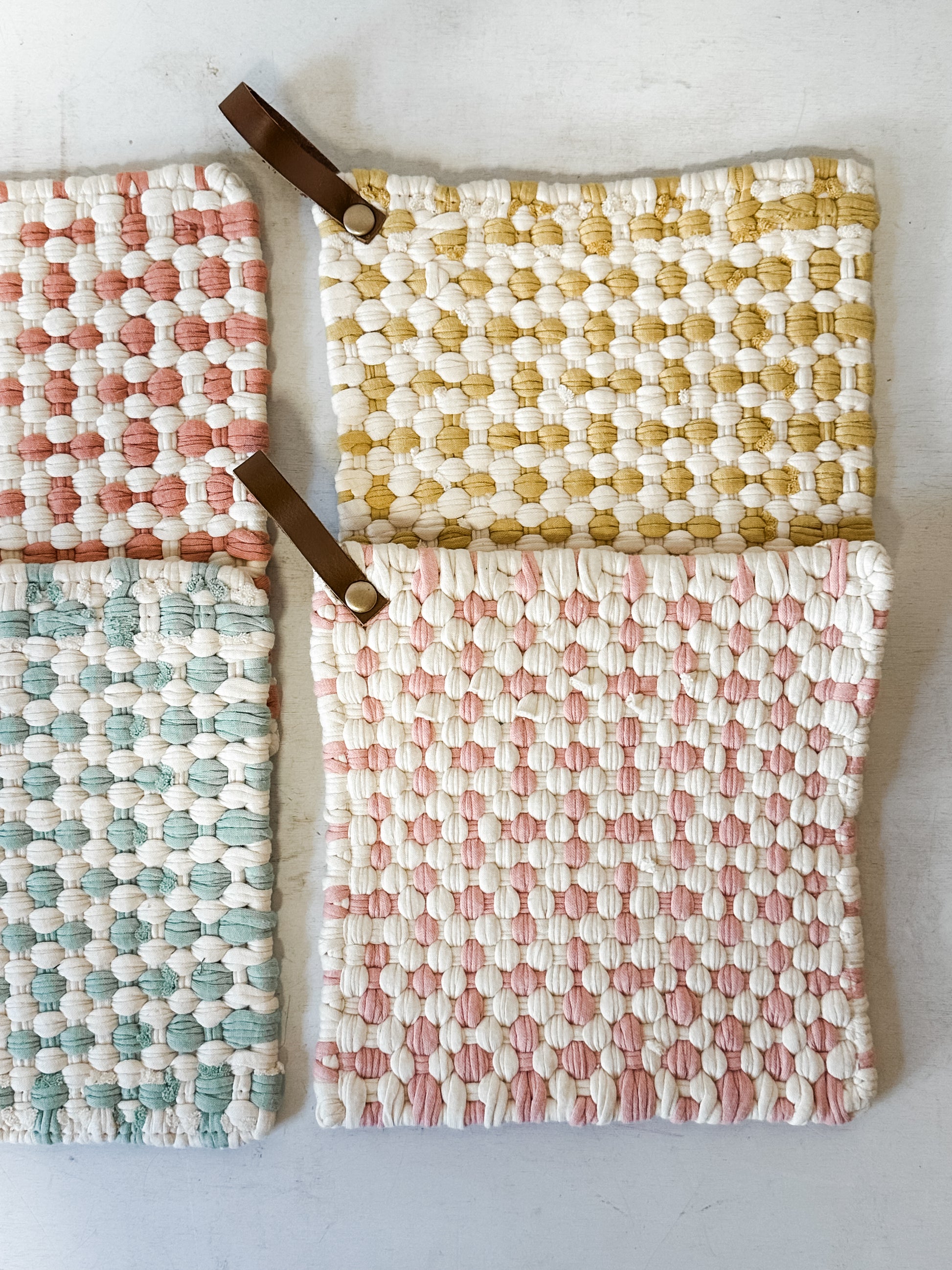 cotton crocheted pot holders with leather strap at the Rustic Barn in Killingworth CT