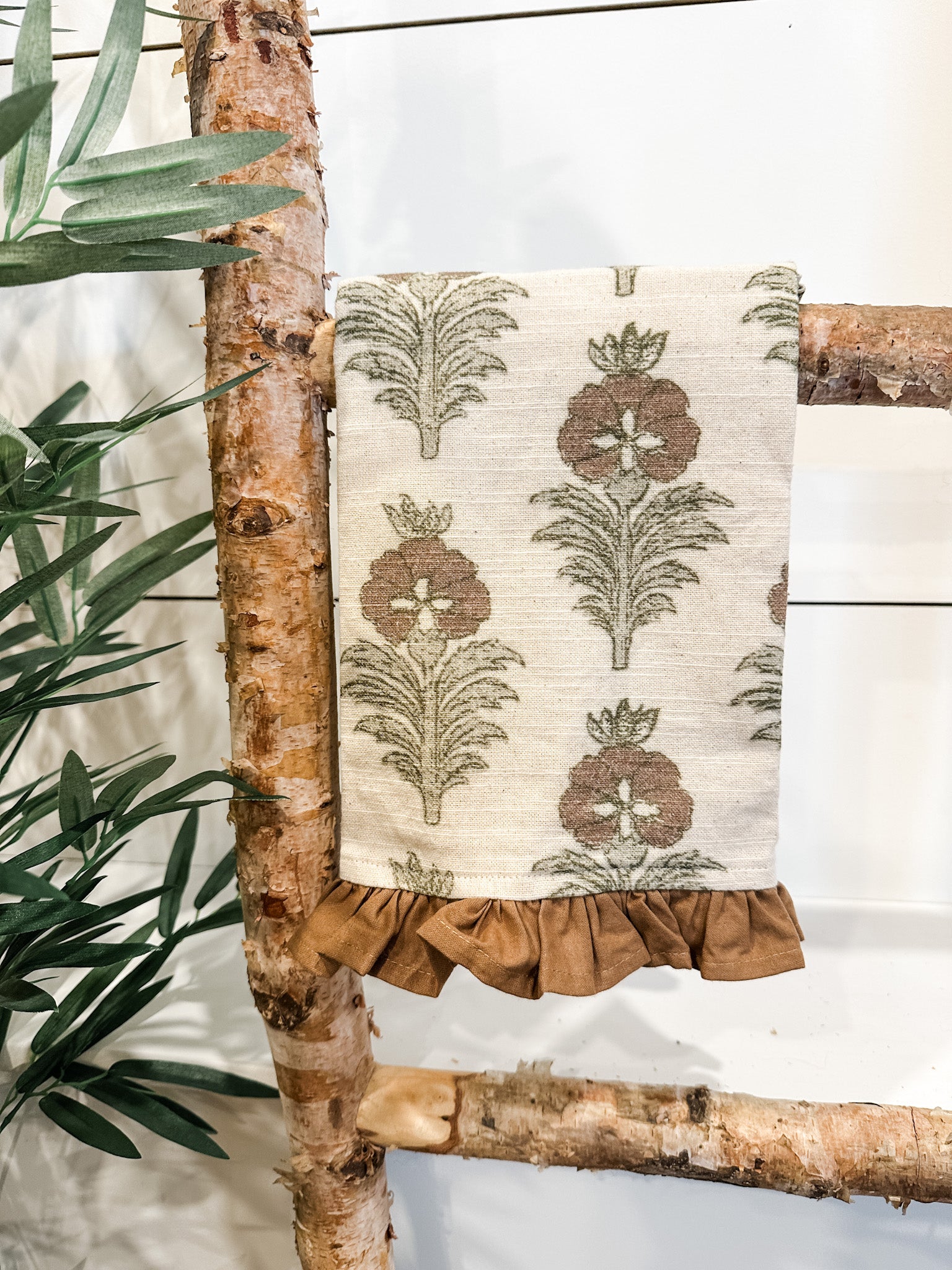 cotton floral brown ruffle tea towels at the rustic barn in killingworth ct