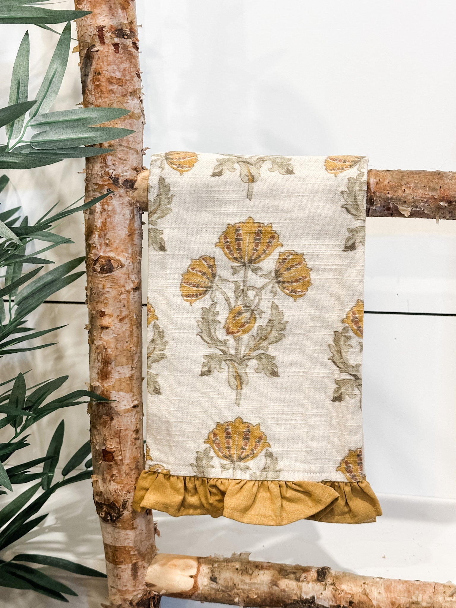 cotton floral golden tea towels at the rustic barn in killingworth ct