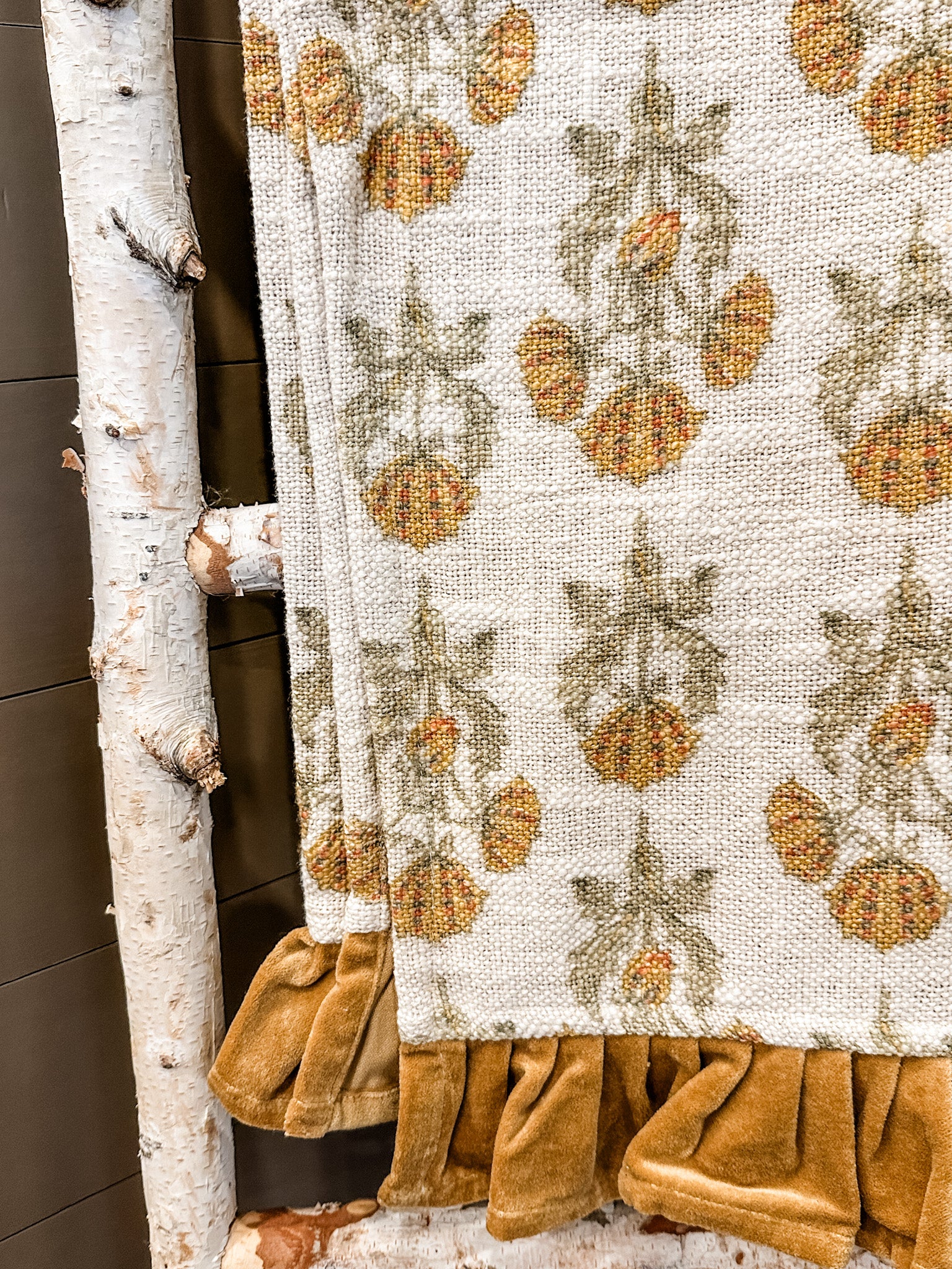 cotton floral slub throw blanket with golden velvet trim at the rustic barn in killingworth ct