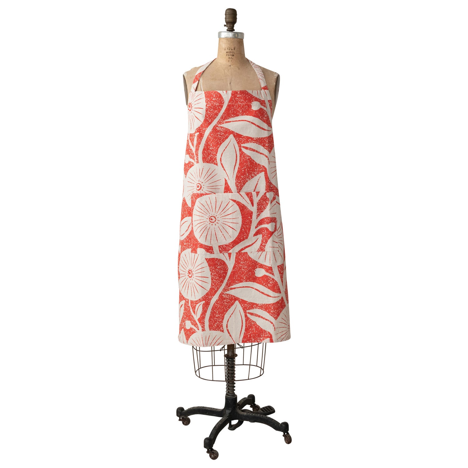 cotton printed orange crossback apron at the rustic barn in killingworth ct