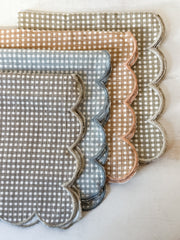 set of 4 cotton printed scalloped napkins with check pattern and stitched edge at the Rustic Barn in Killingworth CT