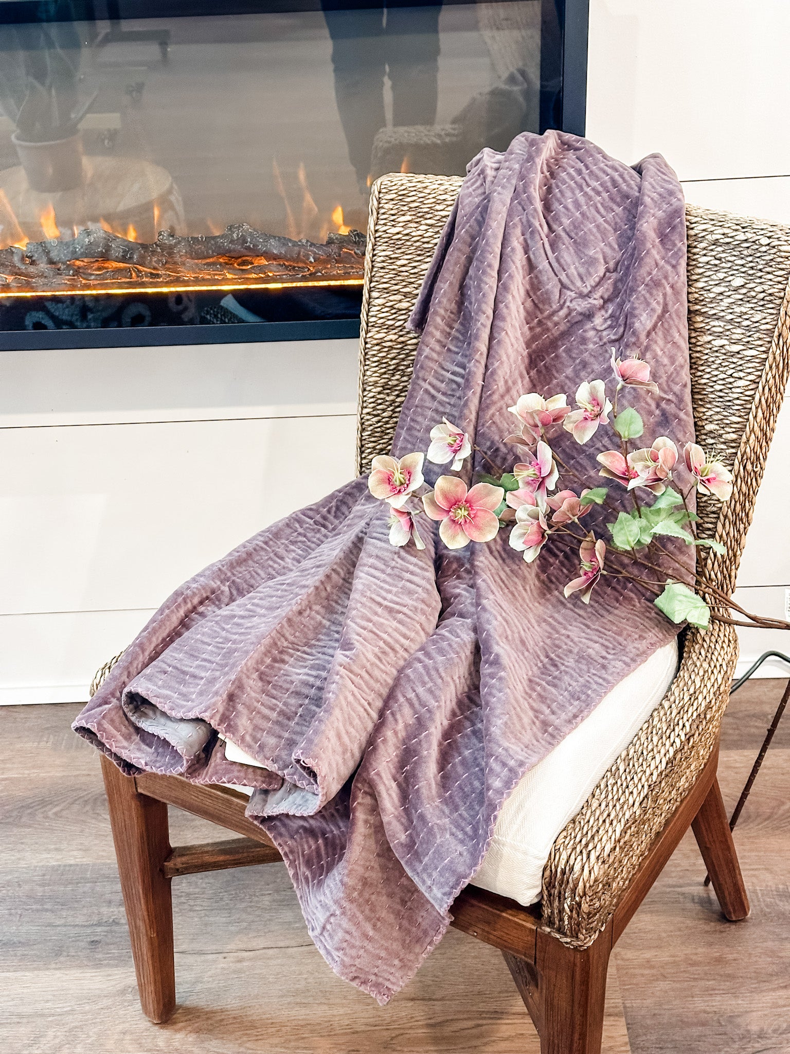 Royal Purple Hand-Embroidered Cotton Velvet Kantha Throw