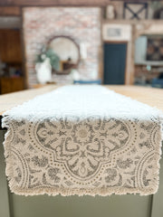 cotton cream 72 inch table runner with fringe detail and dotted print at the rustic barn in killingworth ct
