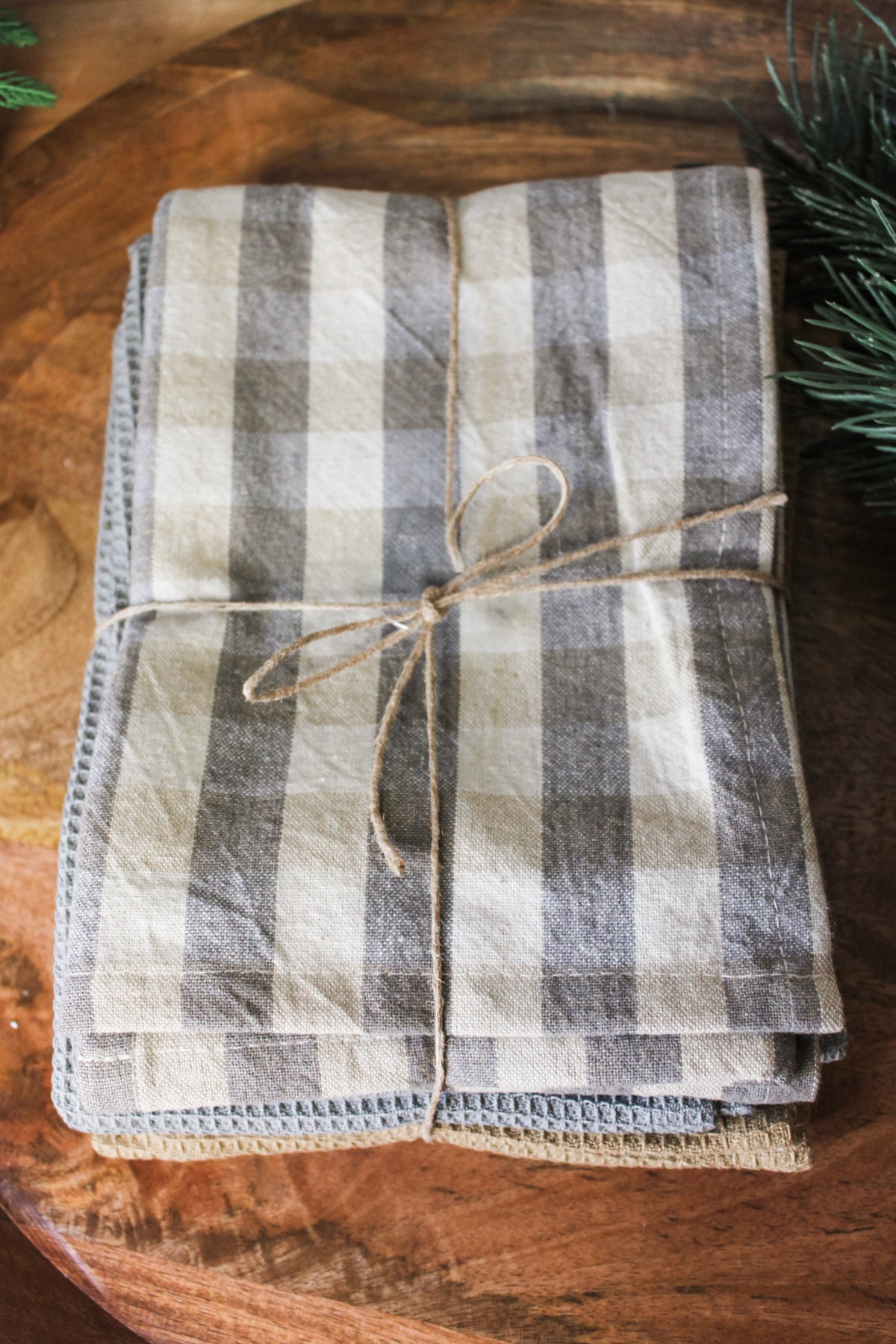 Cotton waffle knit tea towel 3 pack for winter and christmas gigham neutral color palette for sale at the rustic barn in killingworth, CT