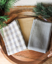 Cotton waffle knit tea towel 3 pack for winter and christmas gigham neutral color palette for sale at the rustic barn in killingworth, CT