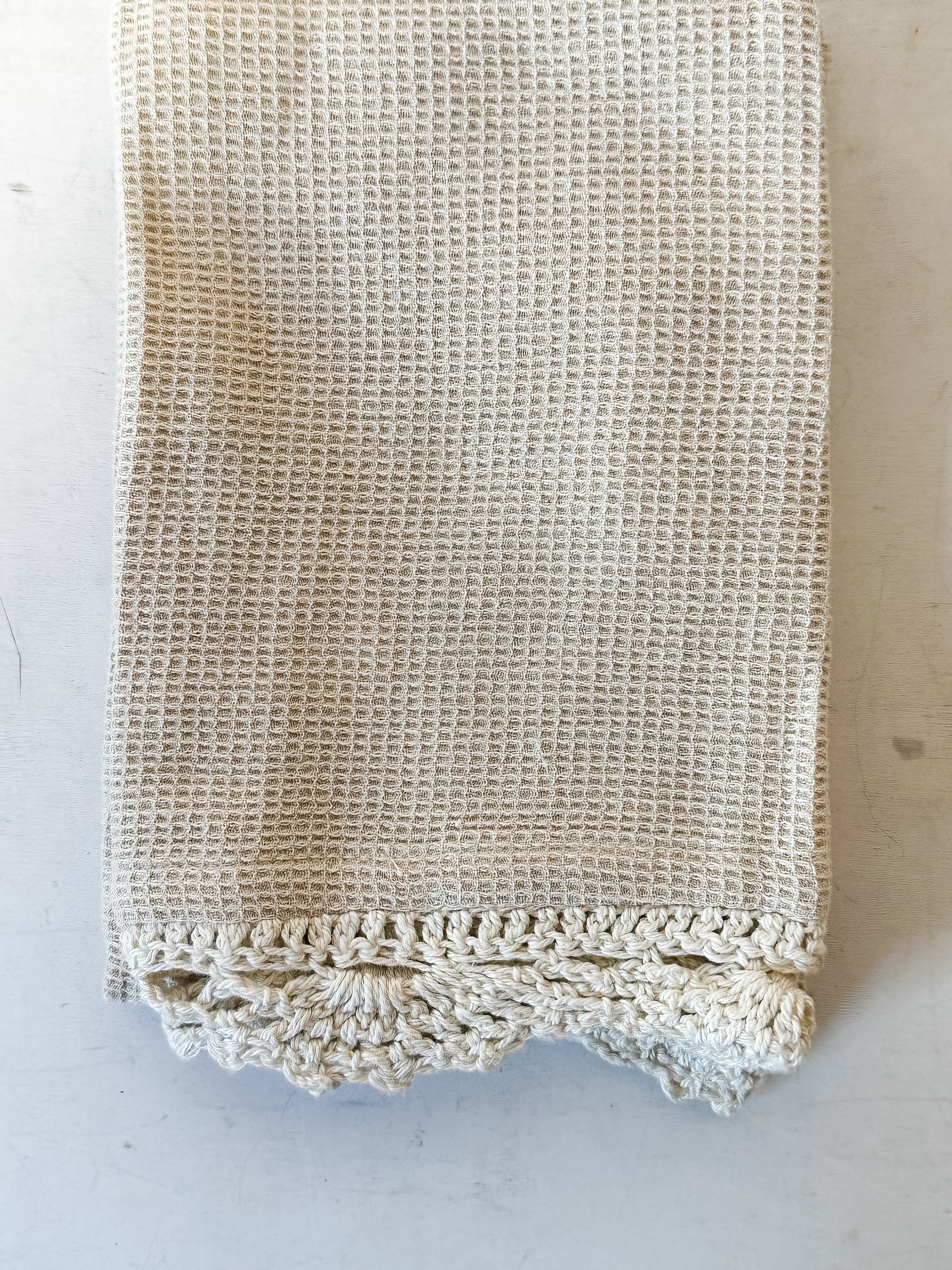 cream cotton waffle weave tea towels with crocheted lace trim at the Rustic Barn in Killingworth CT