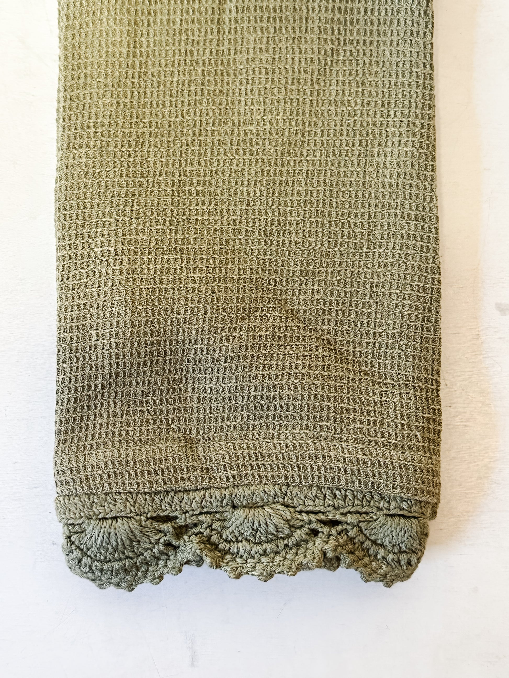 olive green cotton waffle weave tea towels with crocheted lace trim at the Rustic Barn in Killingworth CT