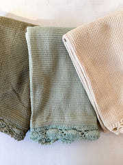 cotton waffle weave tea towels with crocheted lace trim at the Rustic Barn in Killingworth CT