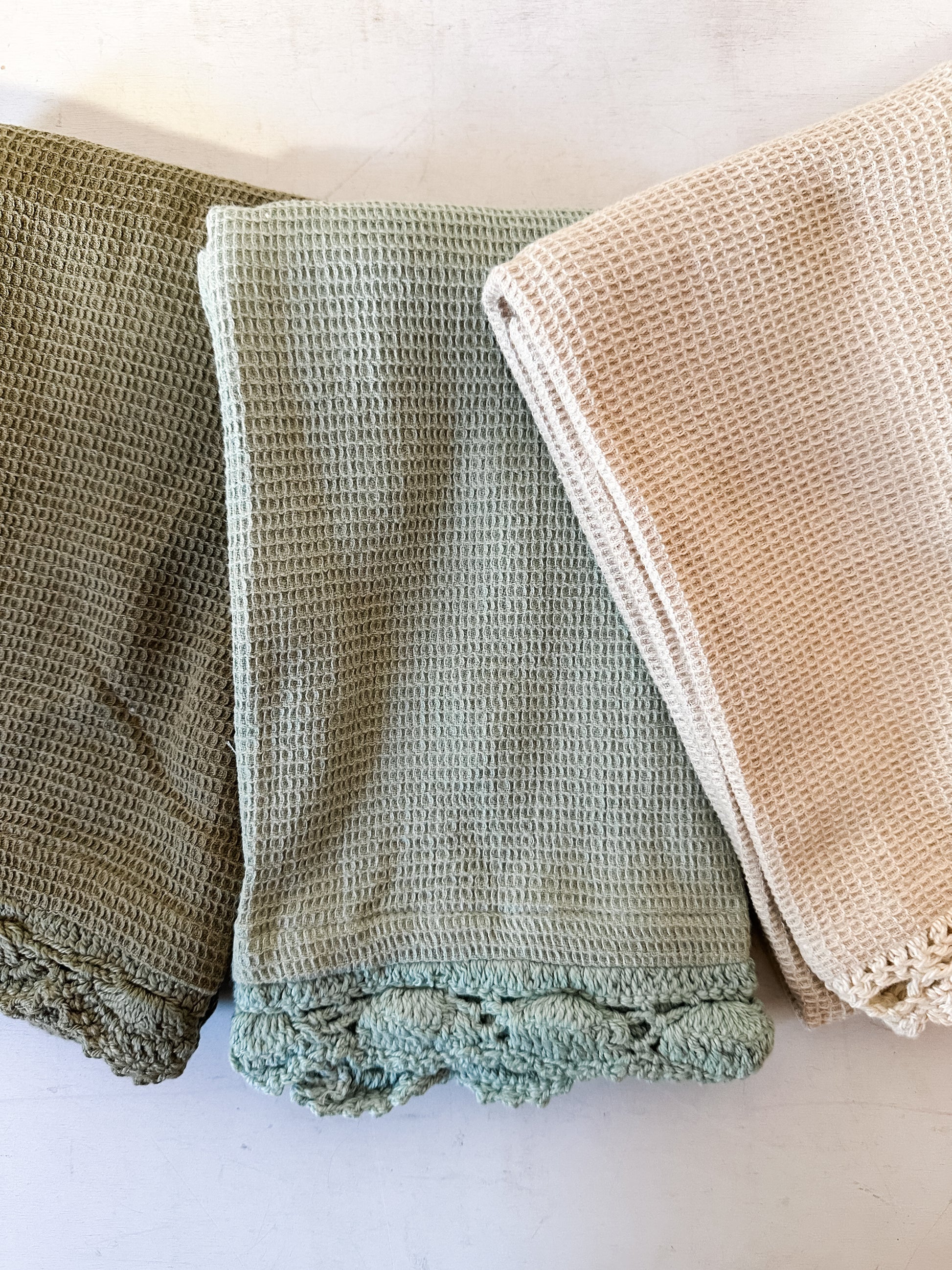 cotton waffle weave tea towels with crocheted lace trim at the Rustic Barn in Killingworth CT