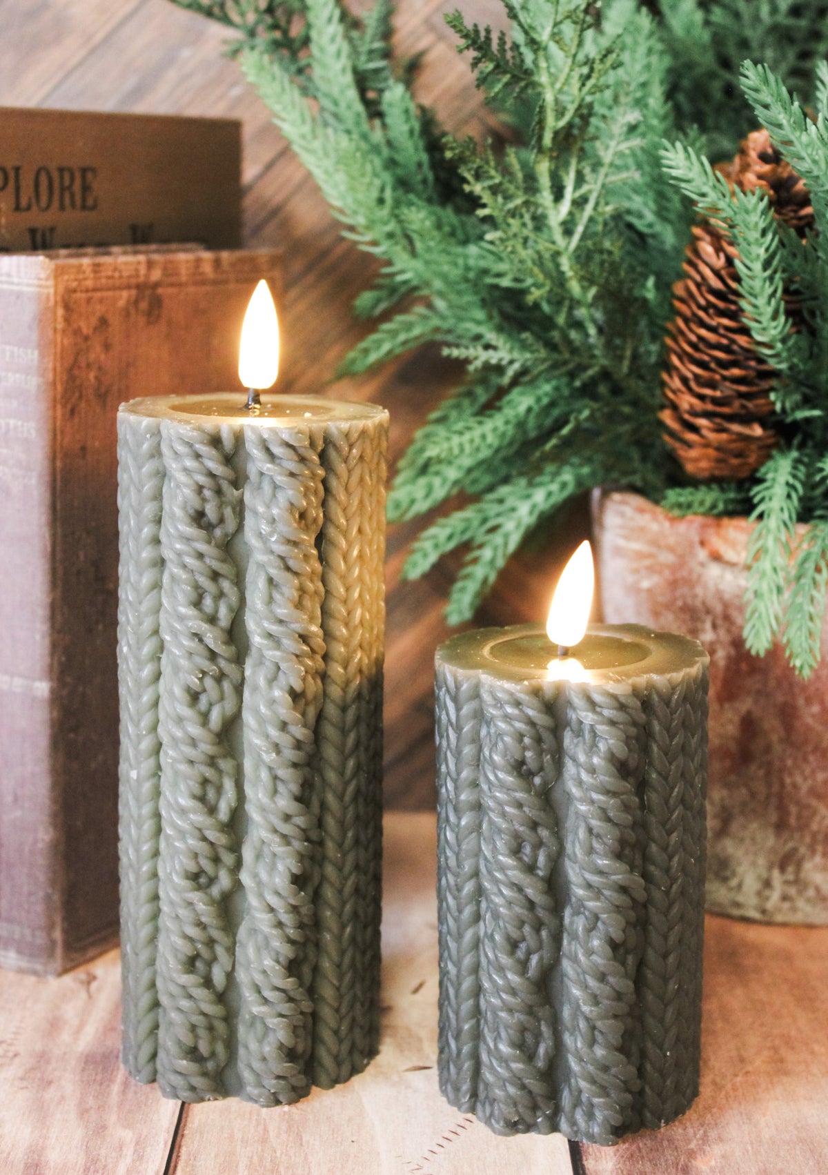 cozy dark green  knit sweater led flameless christmas candle cozy warm color for Christmas for sale at the rustic barn in killingworth, CT