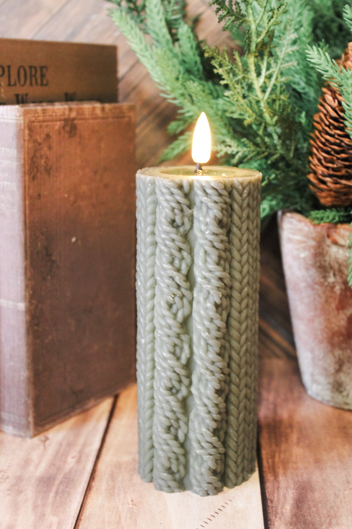 cozy dark green 6 inch knit sweater led flameless christmas candle cozy warm color for Christmas for sale at the rustic barn in killingworth, CT