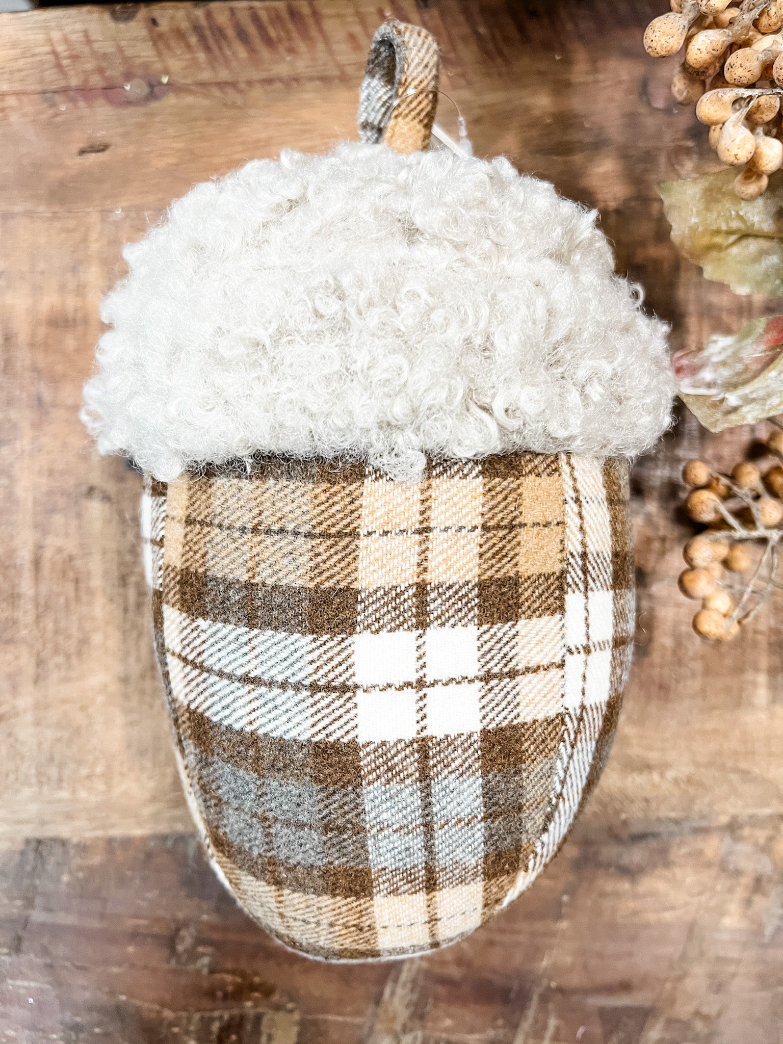 cozy plaid decorative plush acorn at the rustic barn in killingworth ct