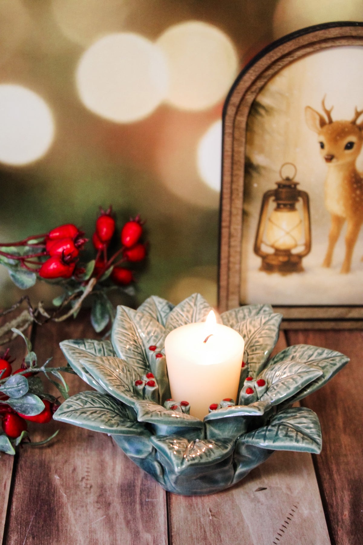 cozy cute handcrafted ceramic holly berry with green holly details tea light holders for christmas for sale at the rustic barn in killingworth, CT