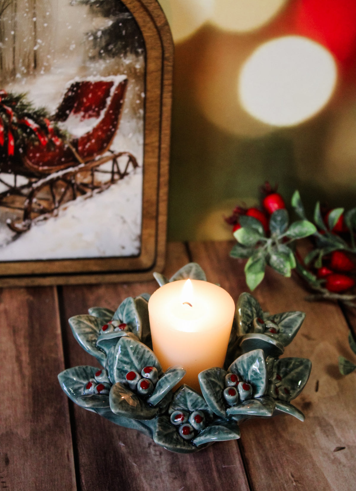 cozy cute handcrafted ceramic holly berry with green holly details tea light holders for christmas for sale at the rustic barn in killingworth, CT