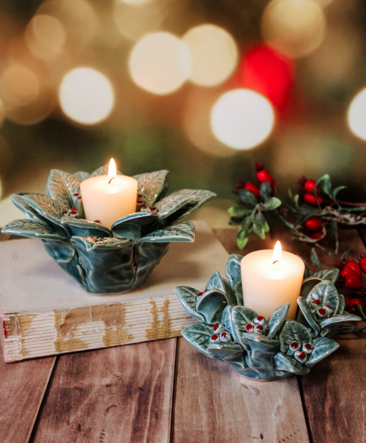 cozy cute handcrafted ceramic holly berry with green holly details tea light holders for christmas for sale at the rustic barn in killingworth, CT